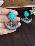 Antique Silver Look-Alike Half-Moon Dangler Earrings with Monalisa Stone | Sarichka