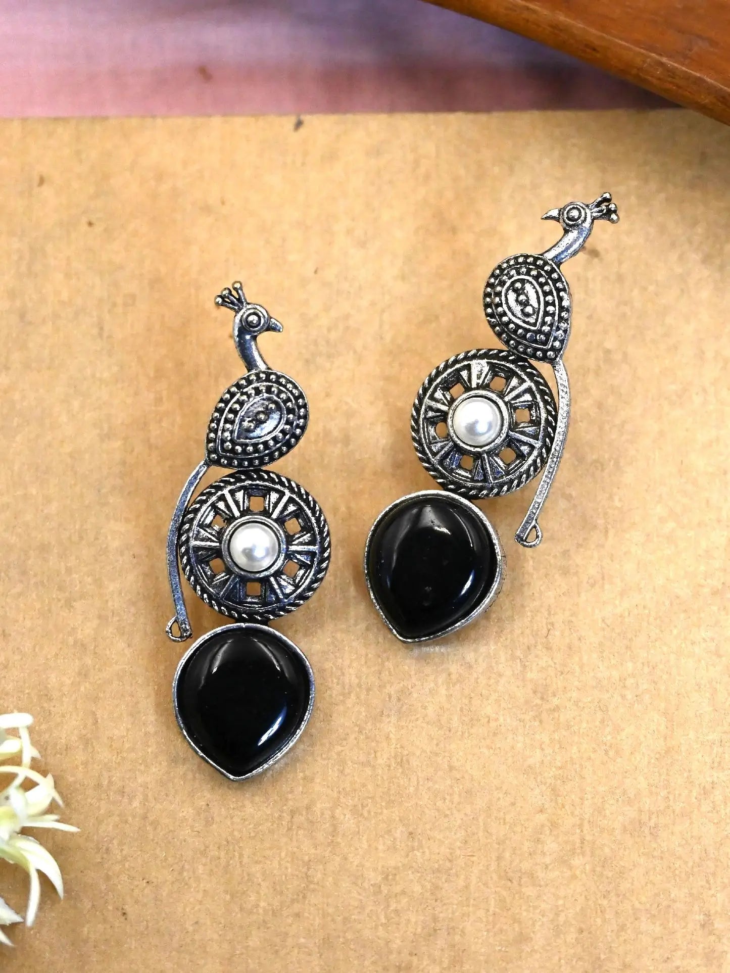 Oxidised Peacock Monalisa Stud Earrings for Elegant Office Wear | Sarichka