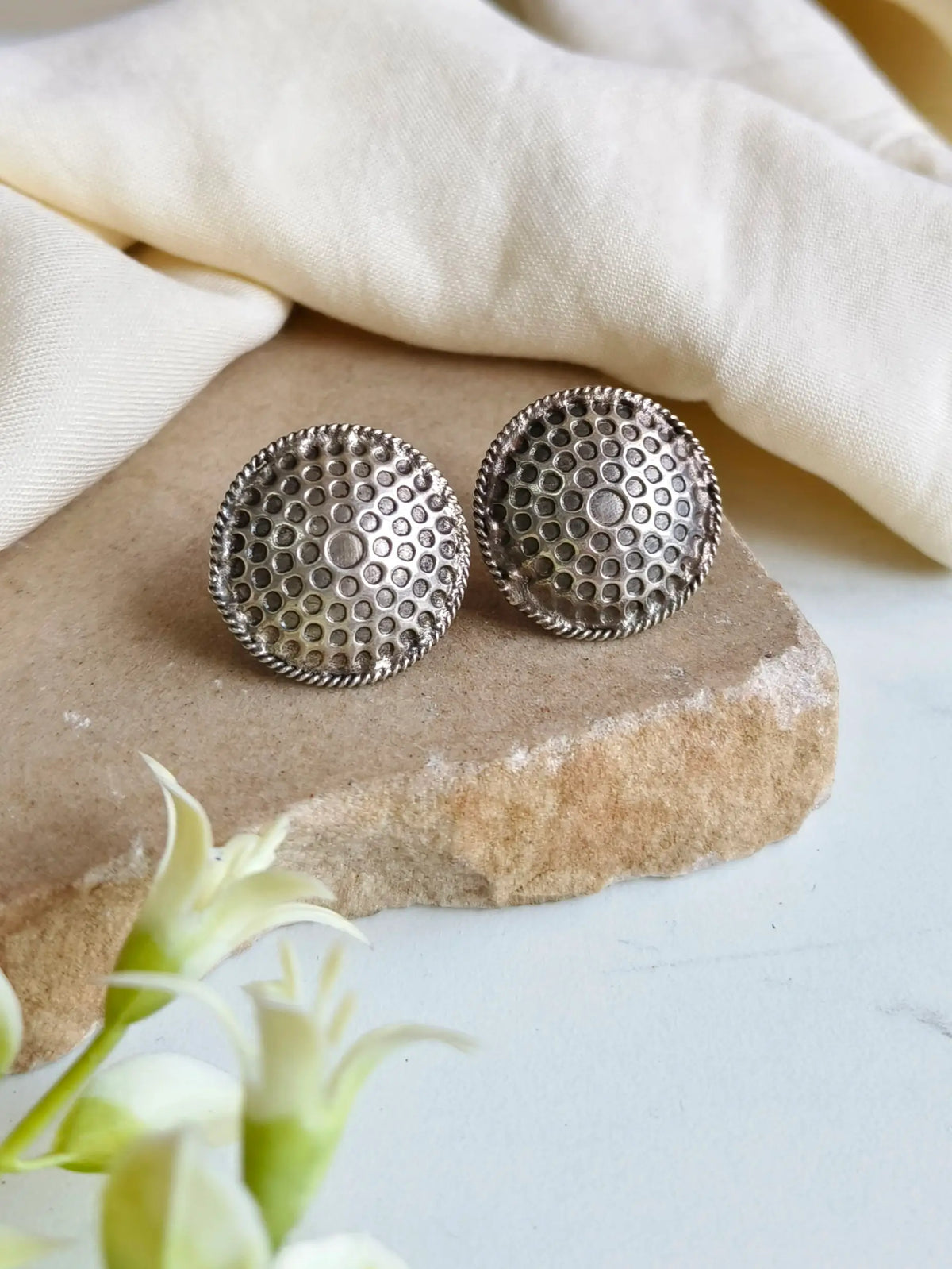 Handcrafted Antique Oxidised Silver Round Stud Earrings for Elegance | Sarichka