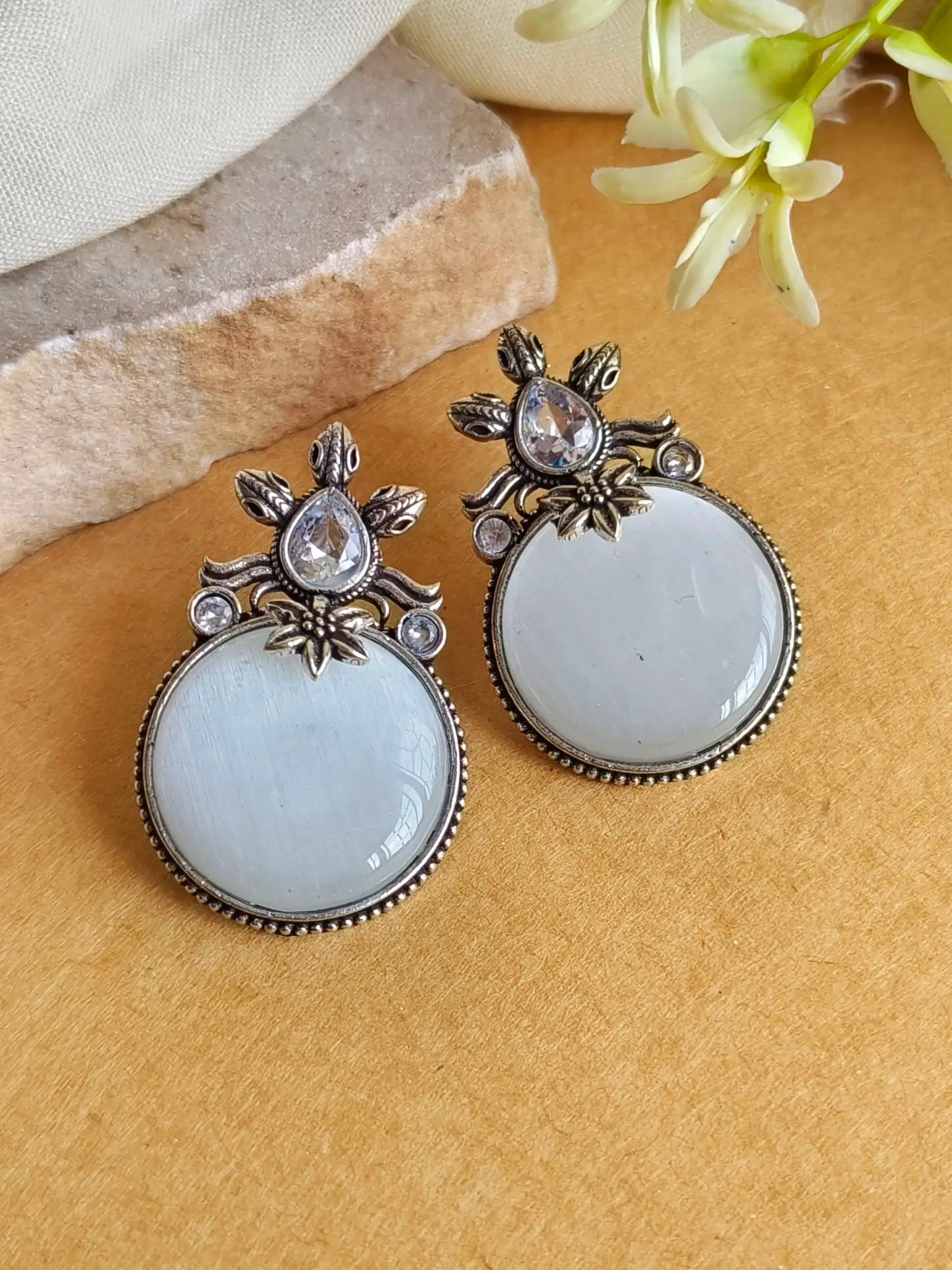 Oxidised Premium Monalisa Stone Stud Earrings for Casual Wear | Sarichka