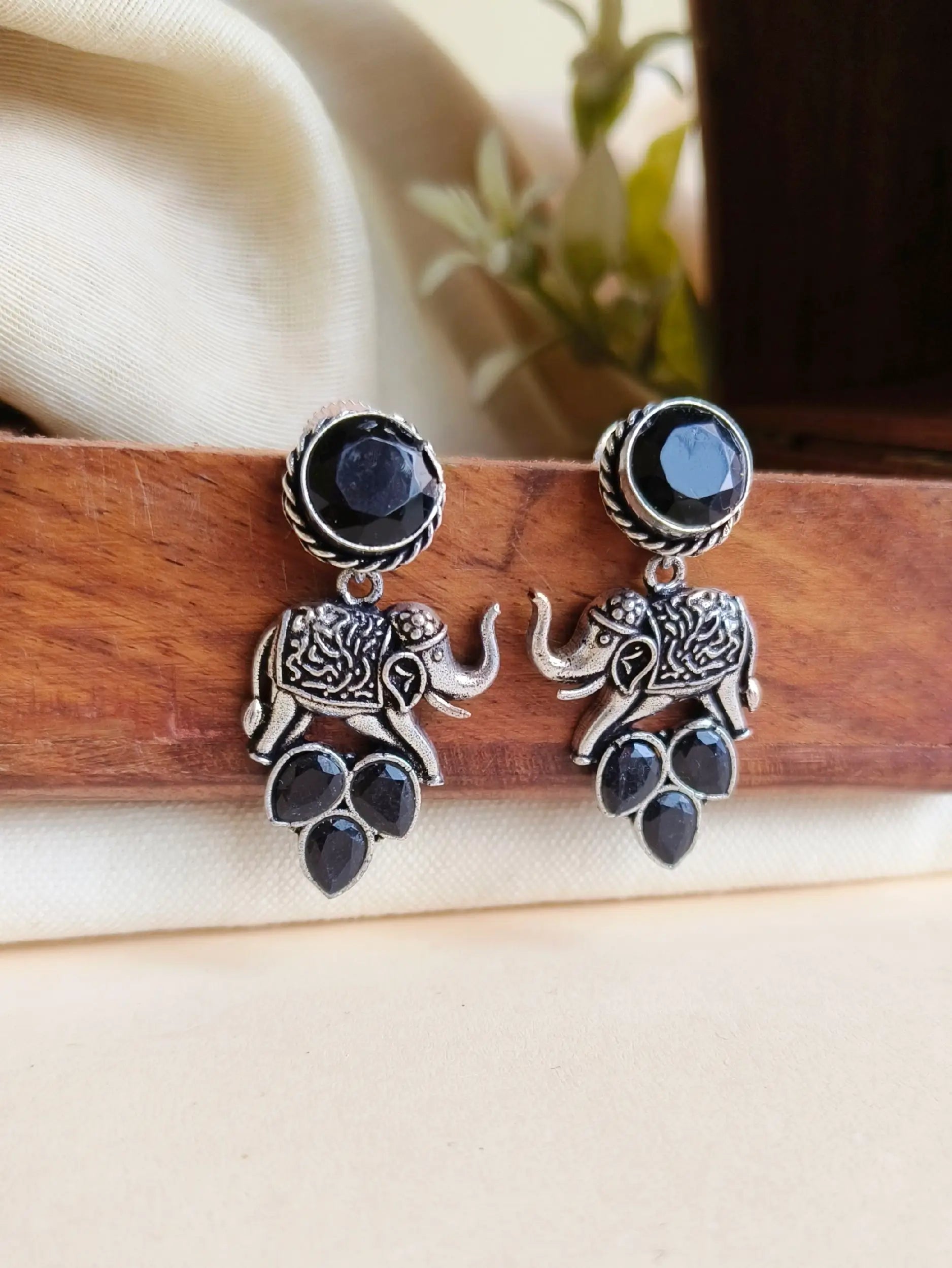 Brass Oxidised Elephant Dangler Earrings with Intricate Design | Sarichka