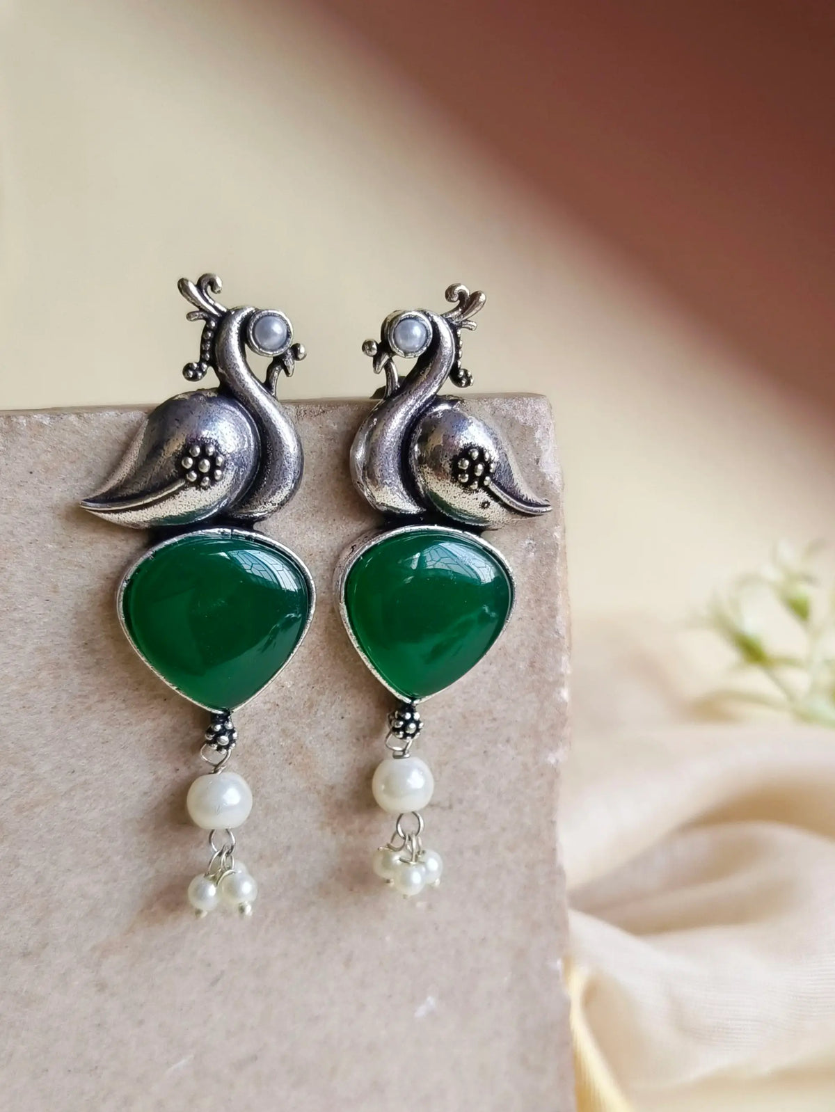 Oxidised Peacock Earrings with Monalisa Stone & Pearl Accents | Sarichka