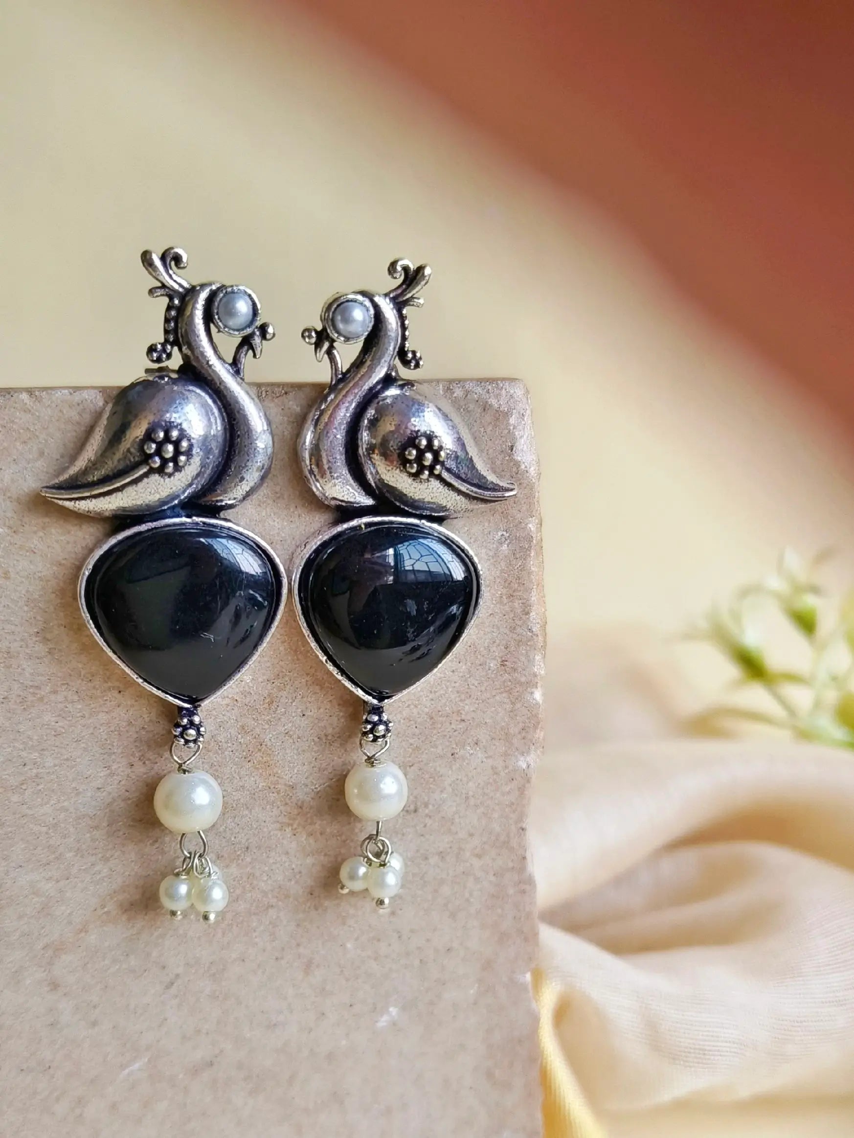 Oxidised Peacock Earrings with Monalisa Stone & Pearl Accents | Sarichka