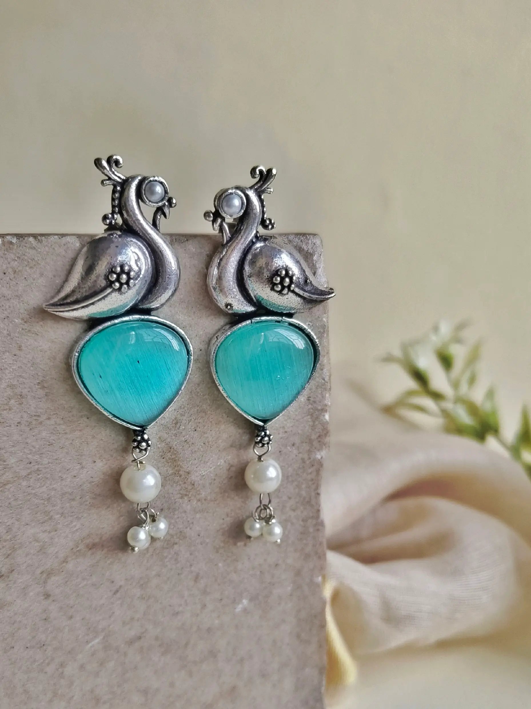 Oxidised Peacock Earrings with Monalisa Stone & Pearl Accents | Sarichka