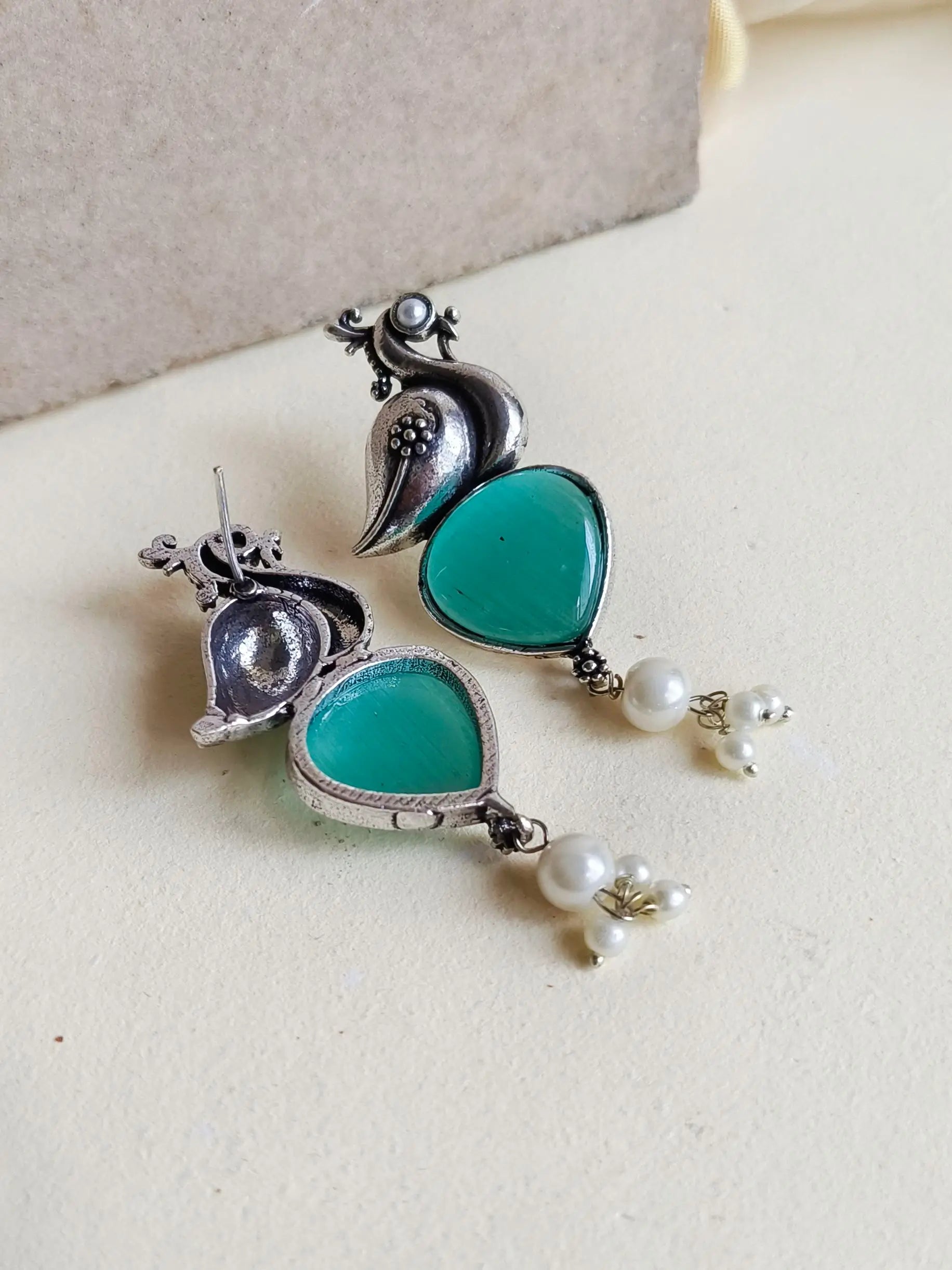 Oxidised Peacock Earrings with Monalisa Stone & Pearl Accents | Sarichka