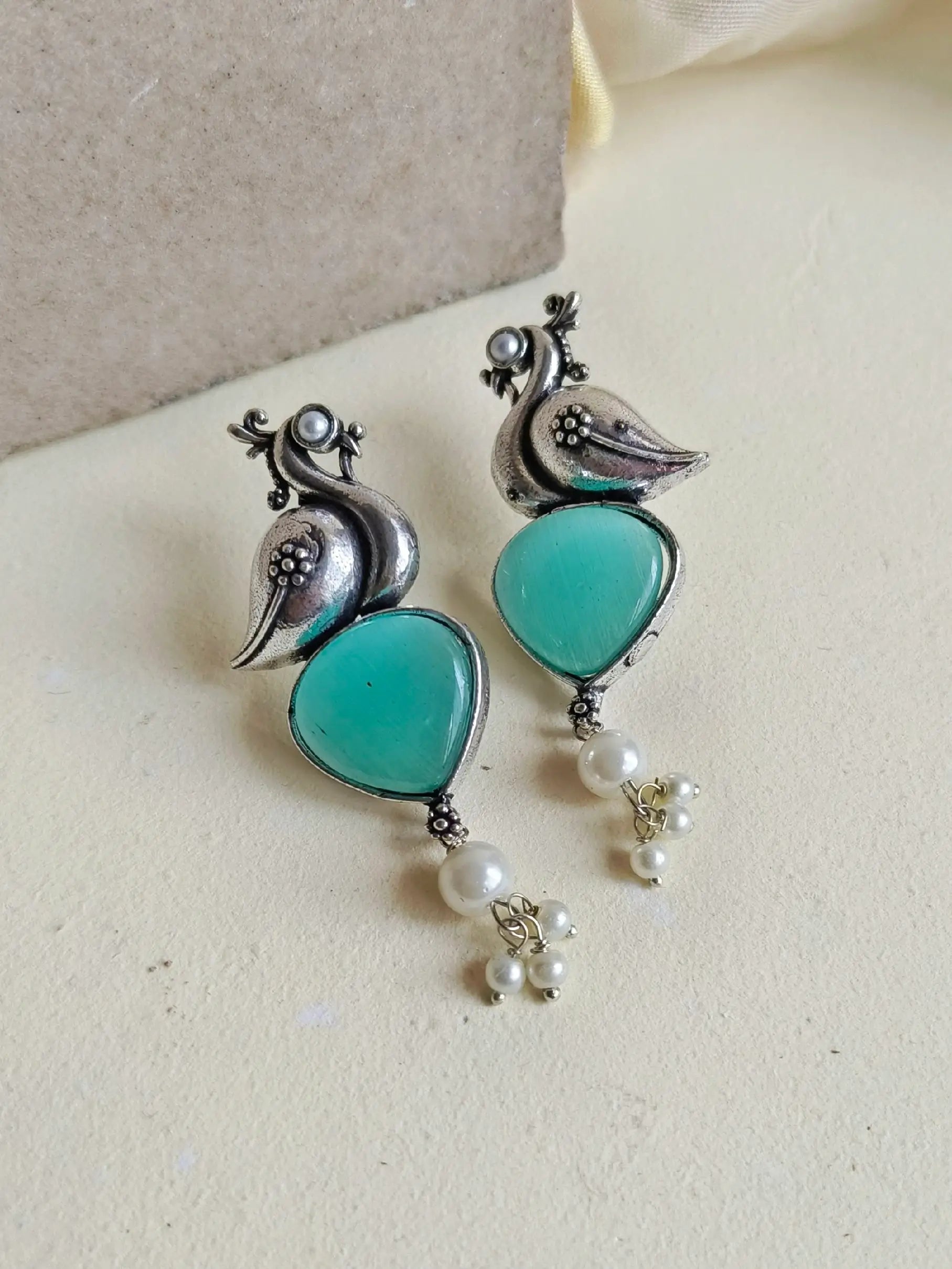 Oxidised Peacock Earrings with Monalisa Stone & Pearl Accents | Sarichka