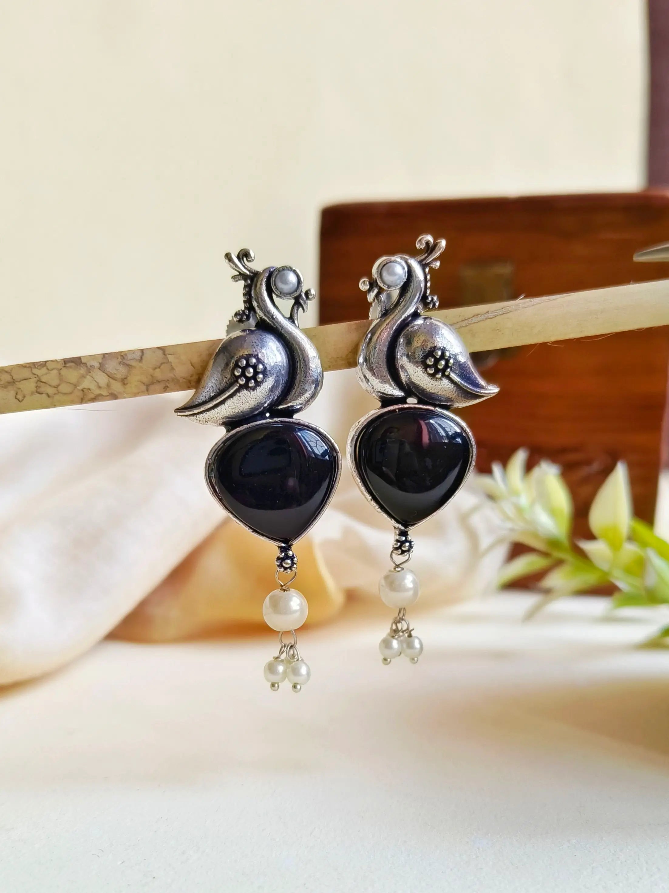 Oxidised Peacock Earrings with Monalisa Stone & Pearl Accents | Sarichka