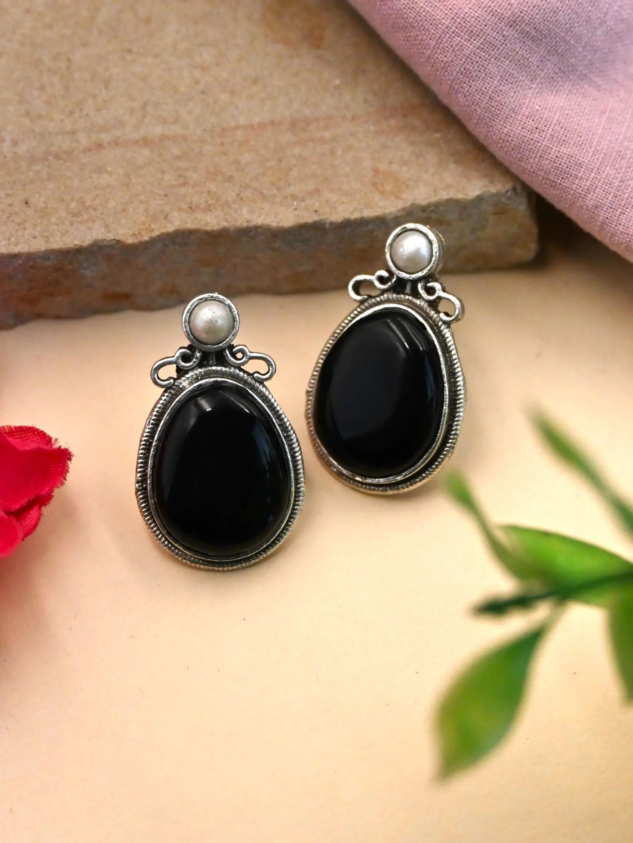 Elegant Oxidised Oval Monalisa Stud Earrings with Silver Polish | Sarichka