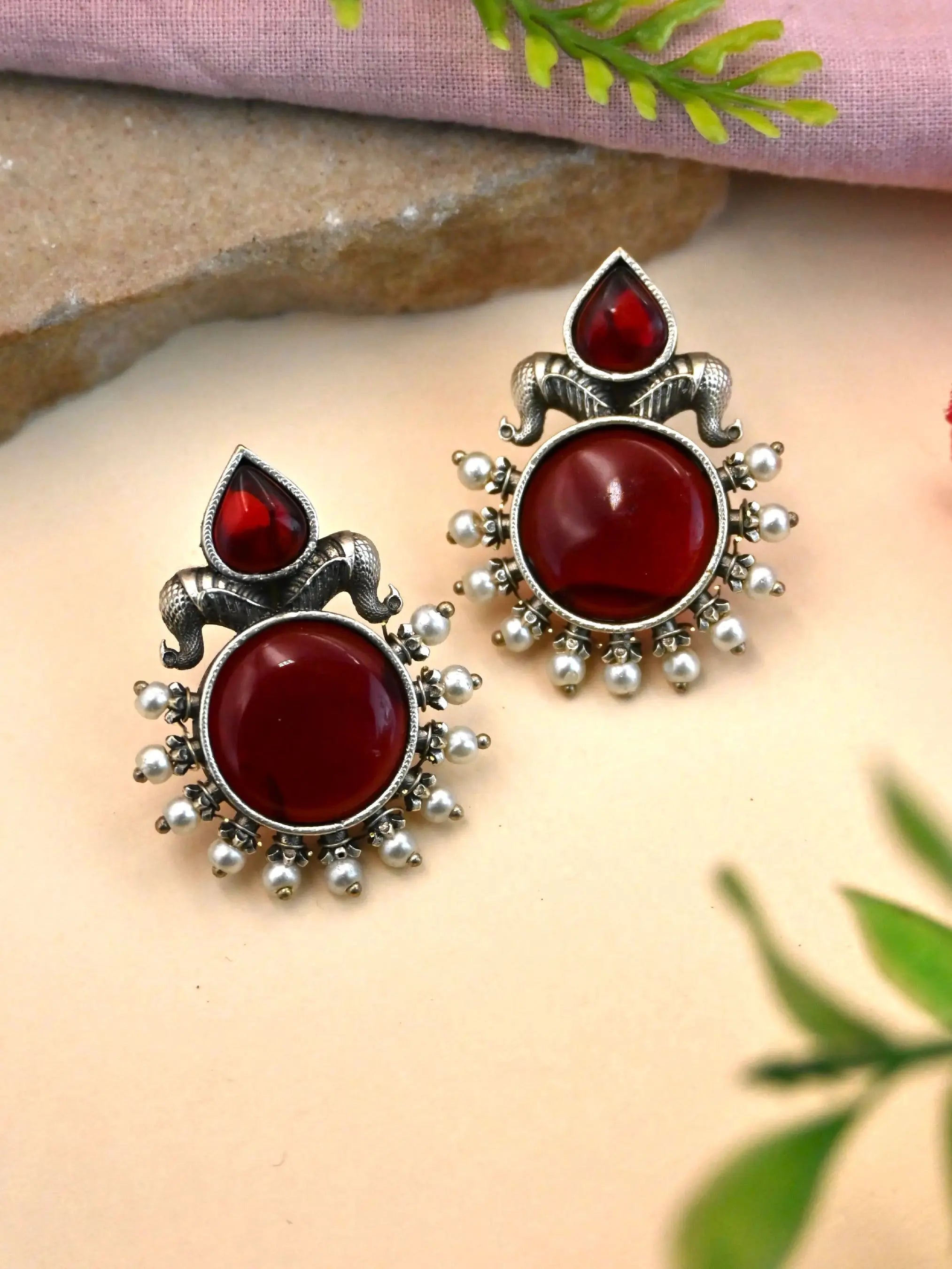 Oxidised Silver Monalisa Stone Stud Earrings with Classy Design | Sarichka