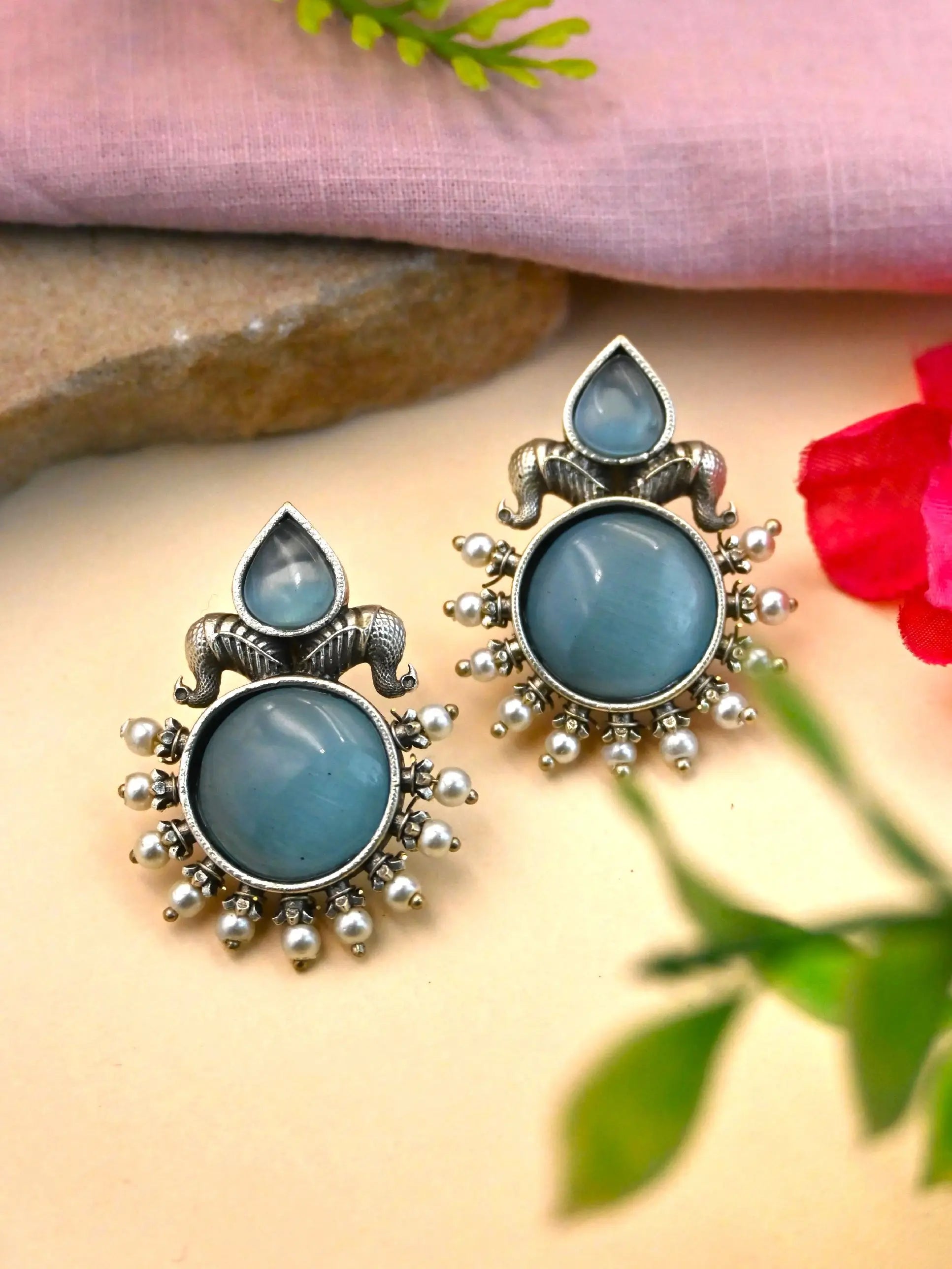 Oxidised Silver Monalisa Stone Stud Earrings with Classy Design | Sarichka