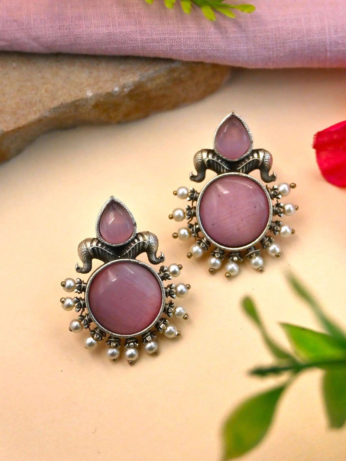 Oxidised Silver Monalisa Stone Stud Earrings with Classy Design | Sarichka