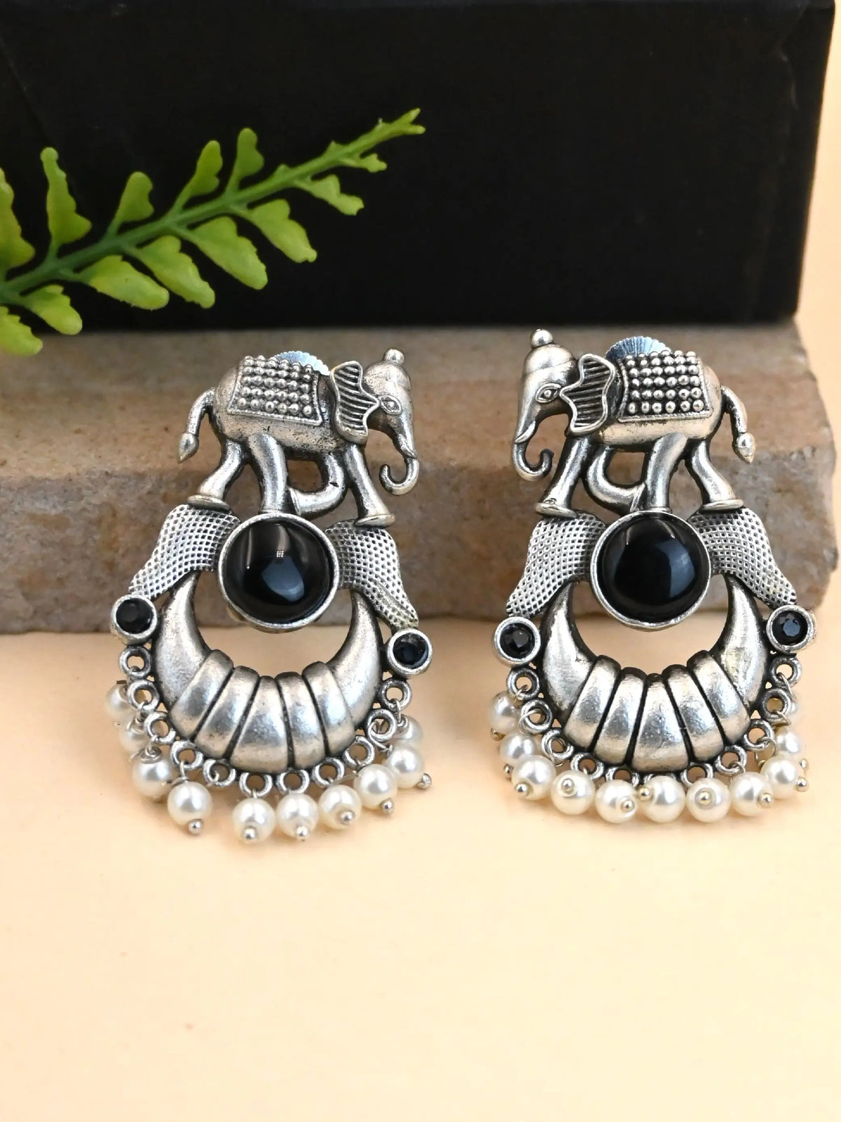 Broad Elephant Earrings with Monalisa Stone & Pearl Drops | Sarichka