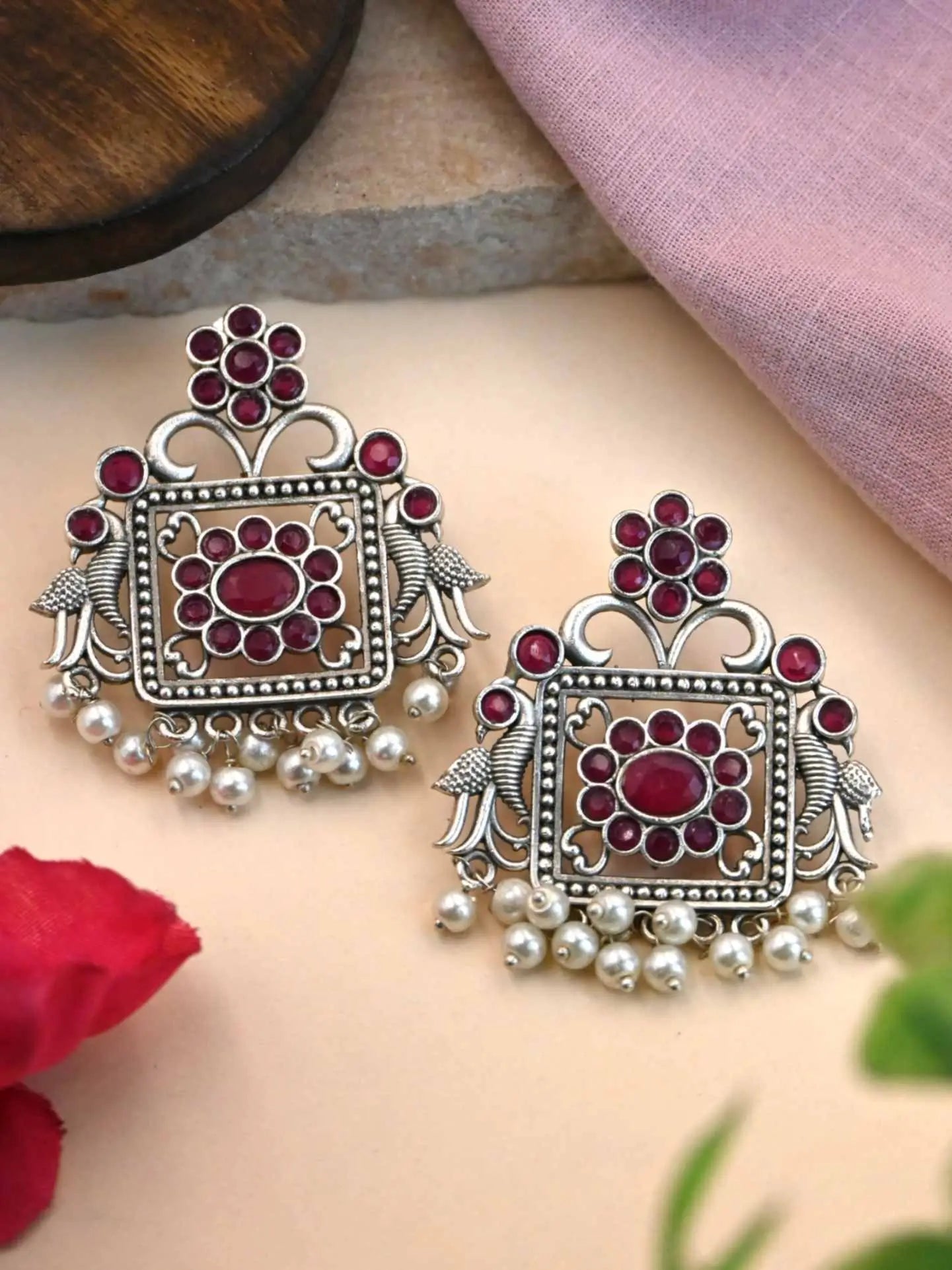 Festive Silver Replica Earrings with Intricate Design for Ethnic Wear | Sarichka