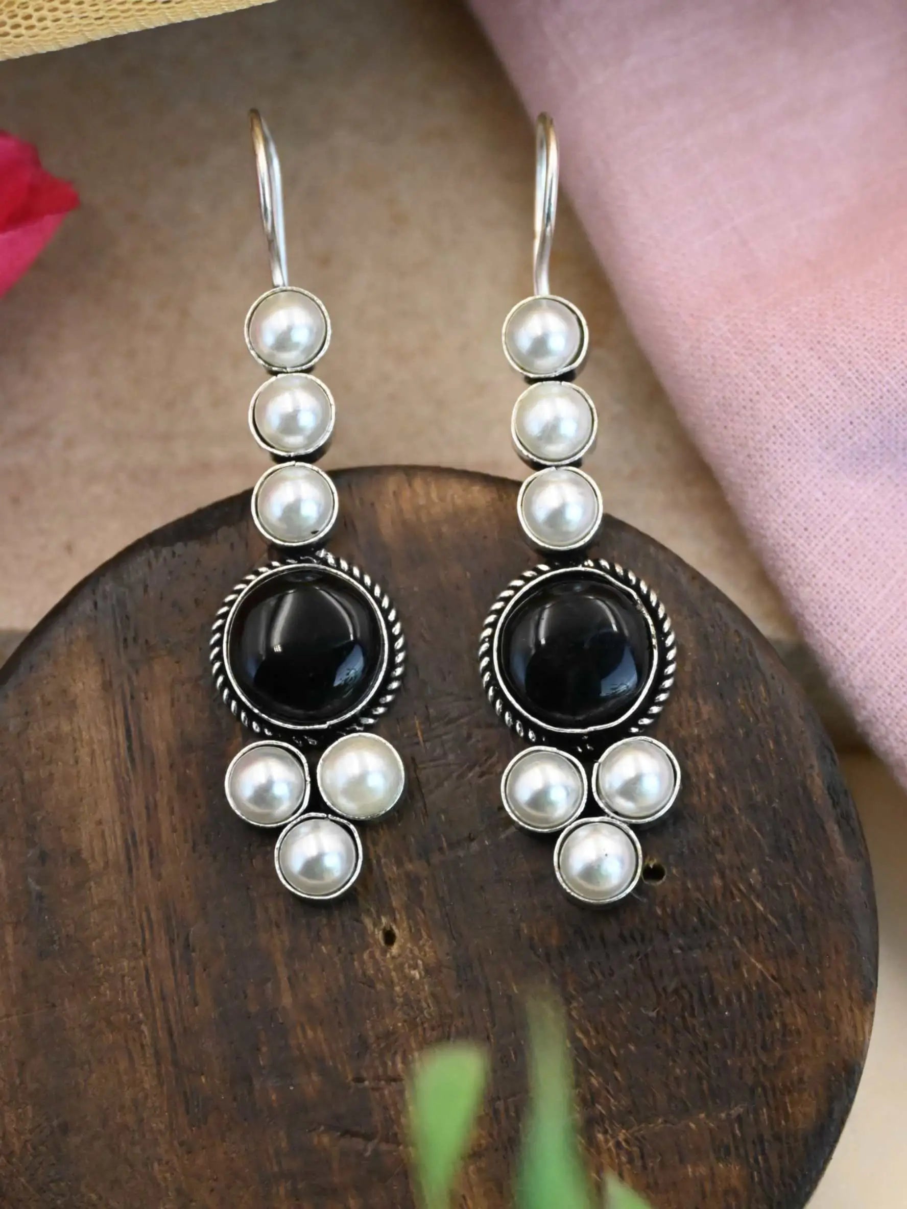 Oxidised Monalisa Pearl Hook Earrings for Casual Elegance | Sarichka