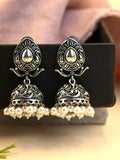 Elegant German Silver Pearl Jhumka Earrings with Intricate Floral Design | Sarichka