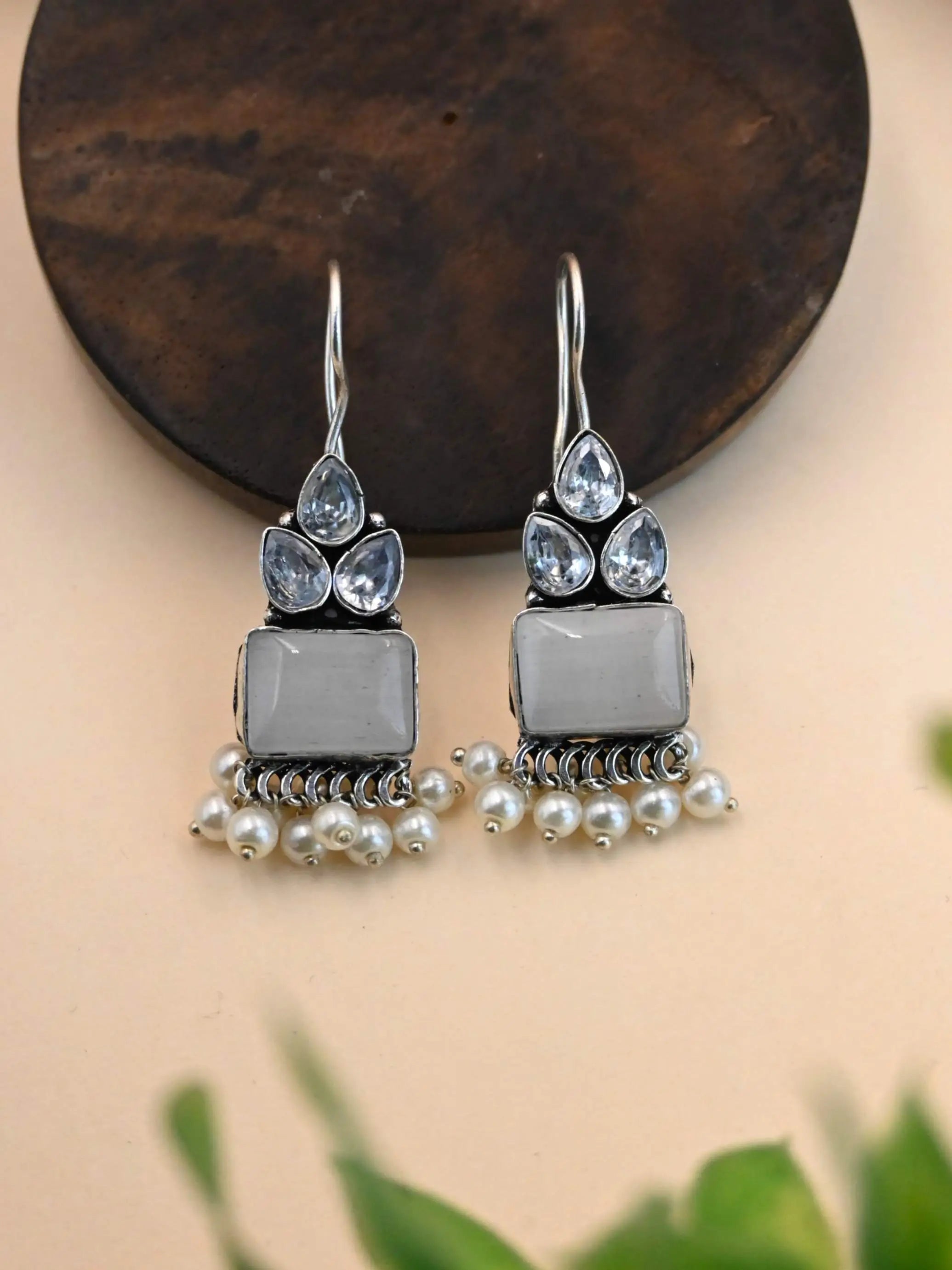 Trendy German Silver Hook Earrings with Elegant Pearl Drops | Sarichka