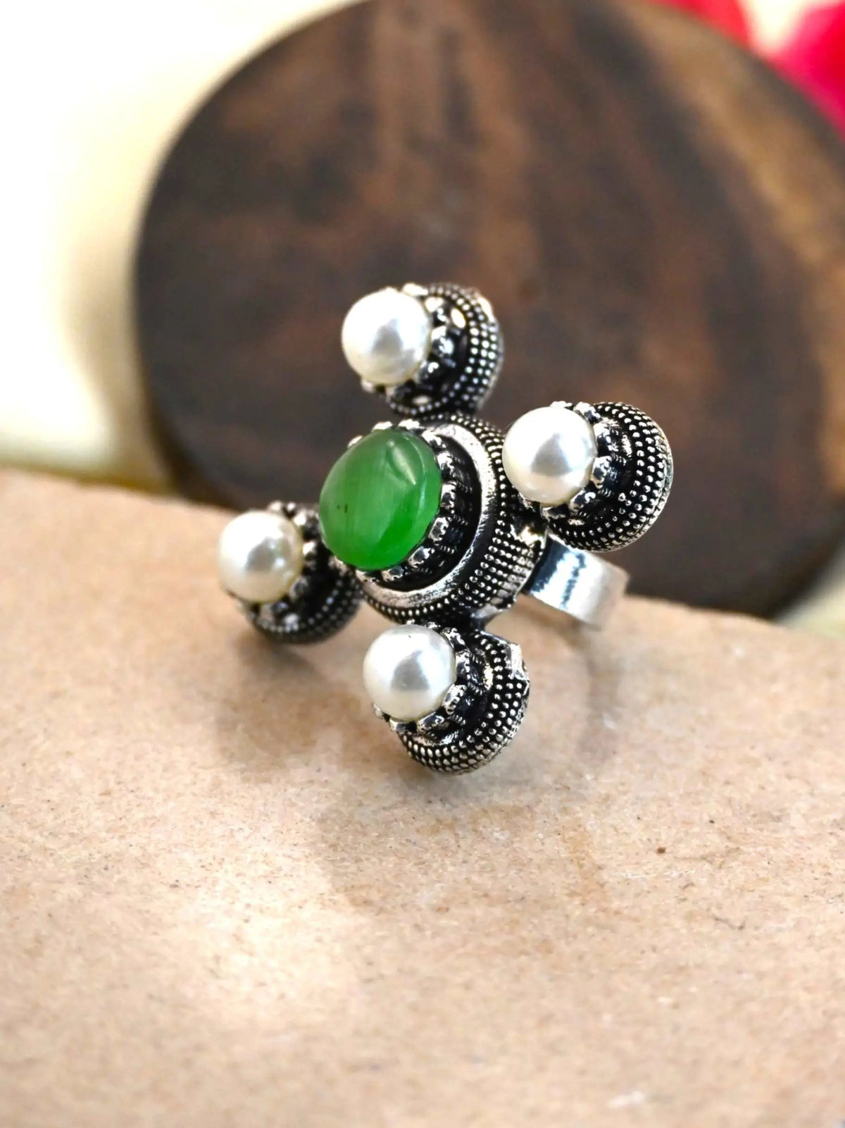 German Silver Oxidized Pearl Monalisa Adjustable Party Rings | Sarichka