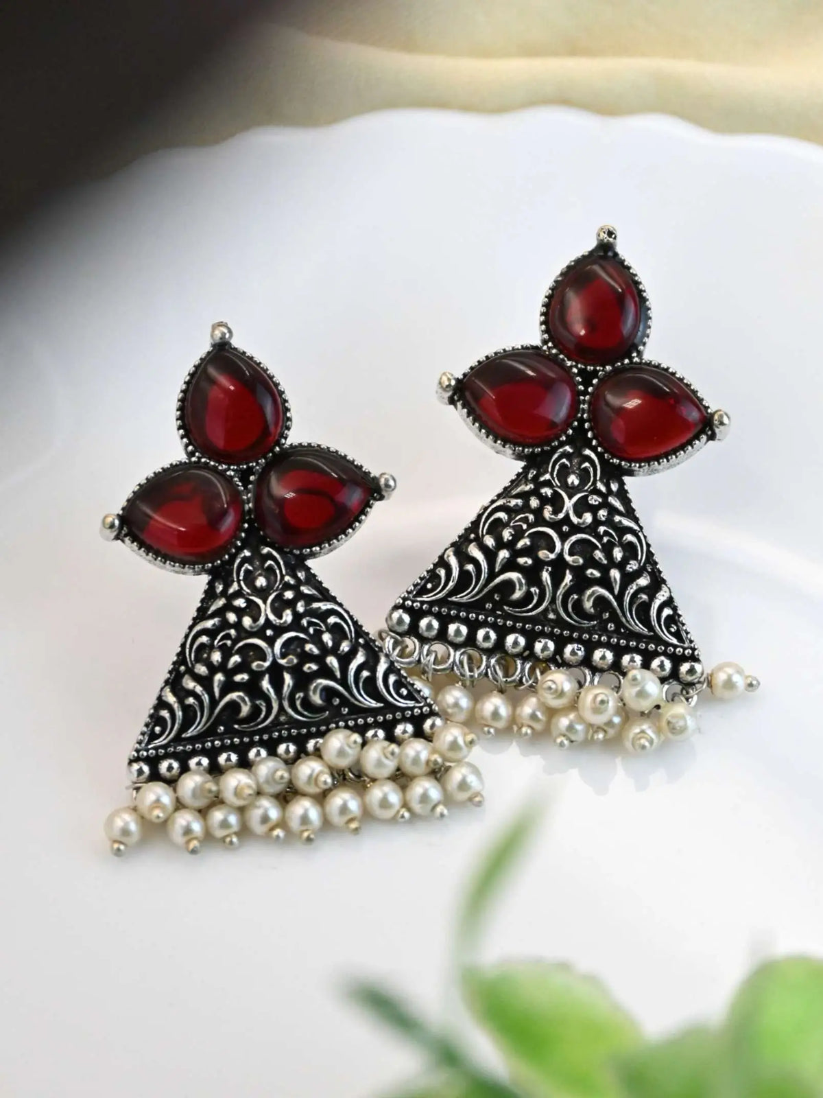 Oxidised Triangle Pearl Stud Earrings for Casual Elegance | Sarichka