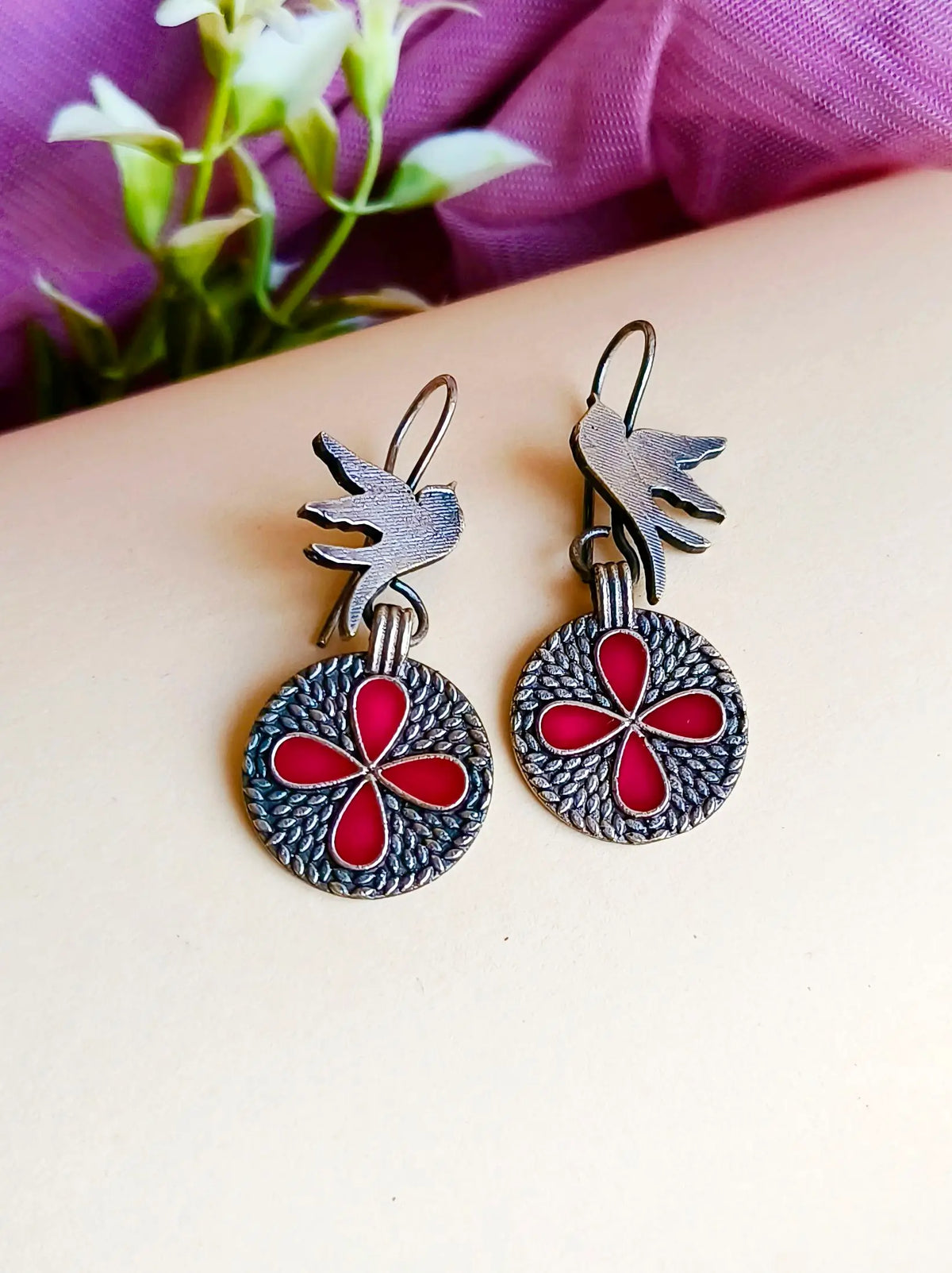 Silver Replica Enamel Hand-Painted Bird Hook Earrings | Sarichka