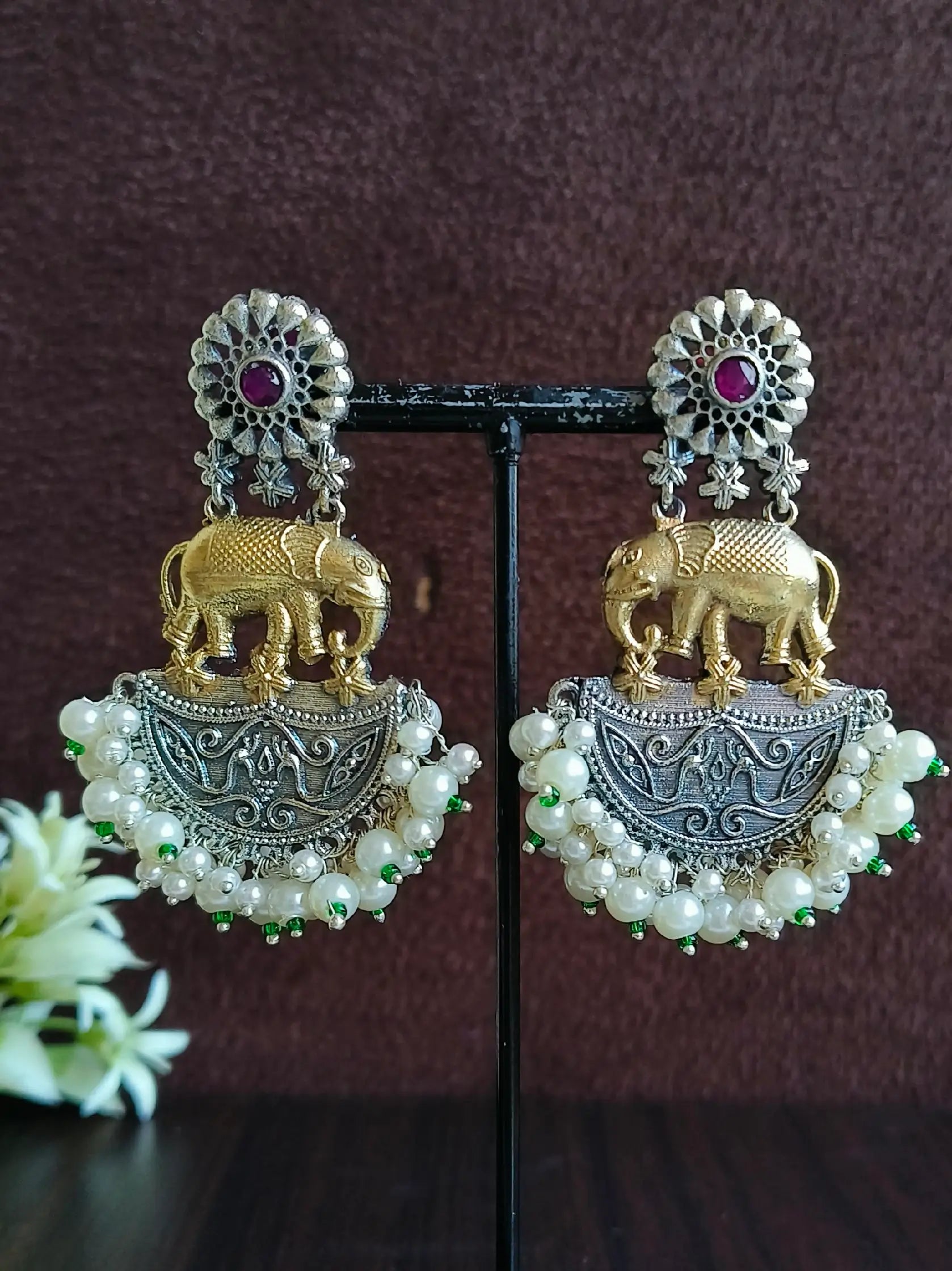 Royal Two-Tone Elephant Pearl Dangler Earrings for Festive Glam | Sarichka