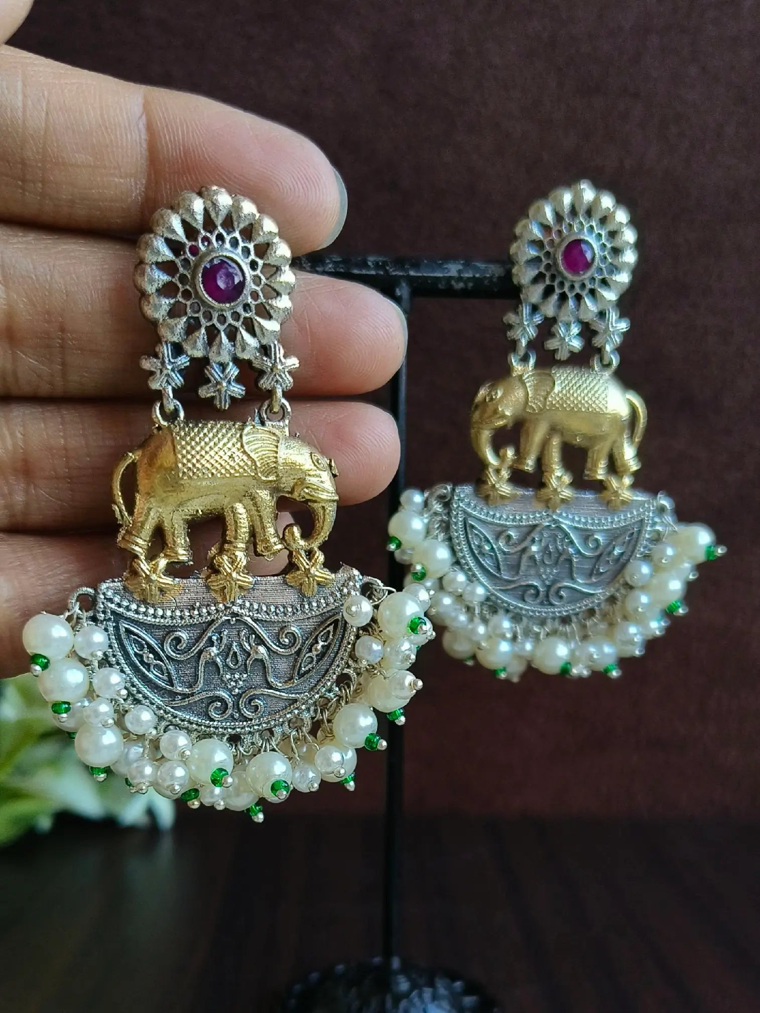 Royal Two-Tone Elephant Pearl Dangler Earrings for Festive Glam | Sarichka