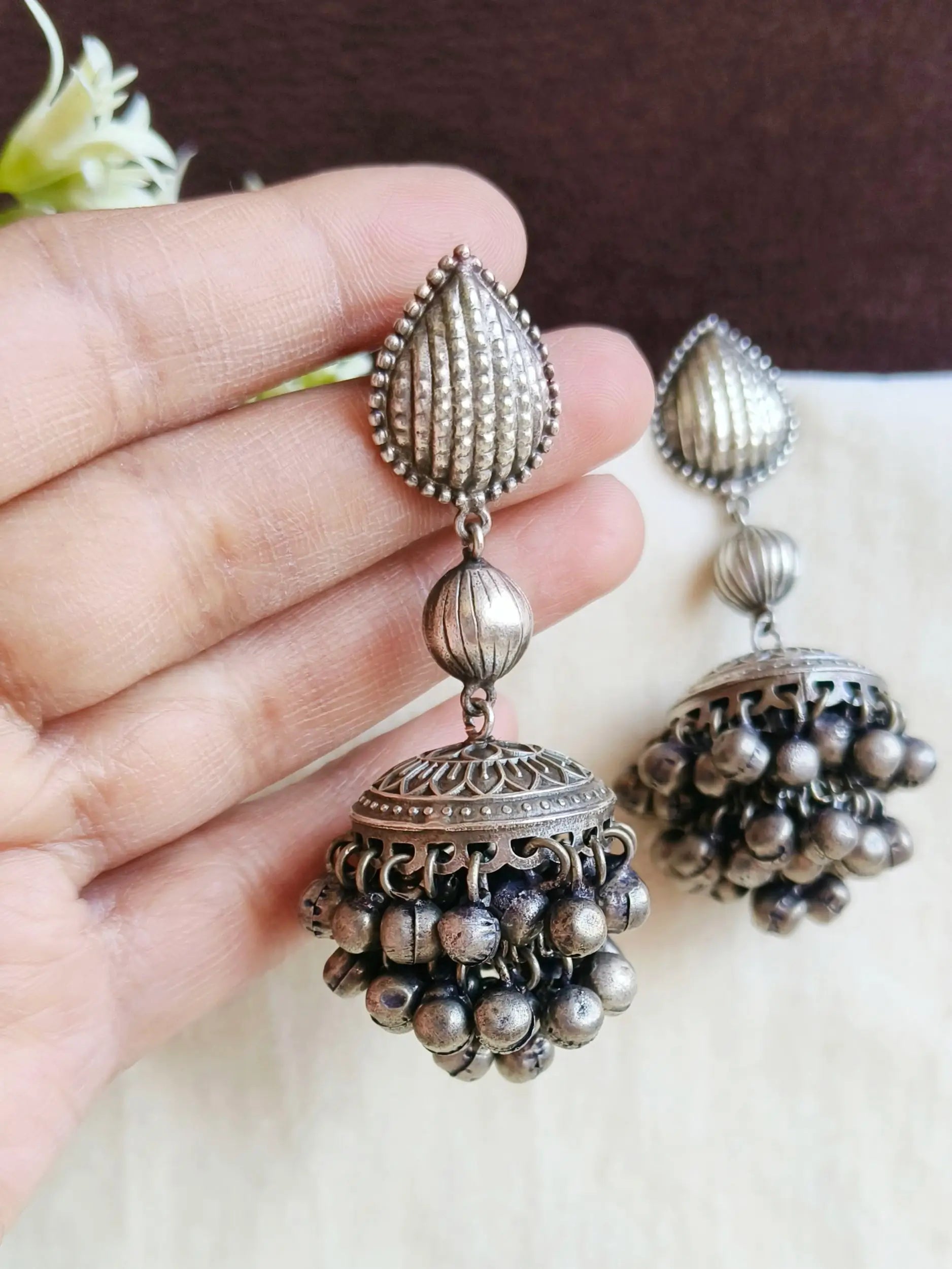 Exquisite 925 Silver-Plated Antique Double Jhumki Earrings for Elegance | Sarichka