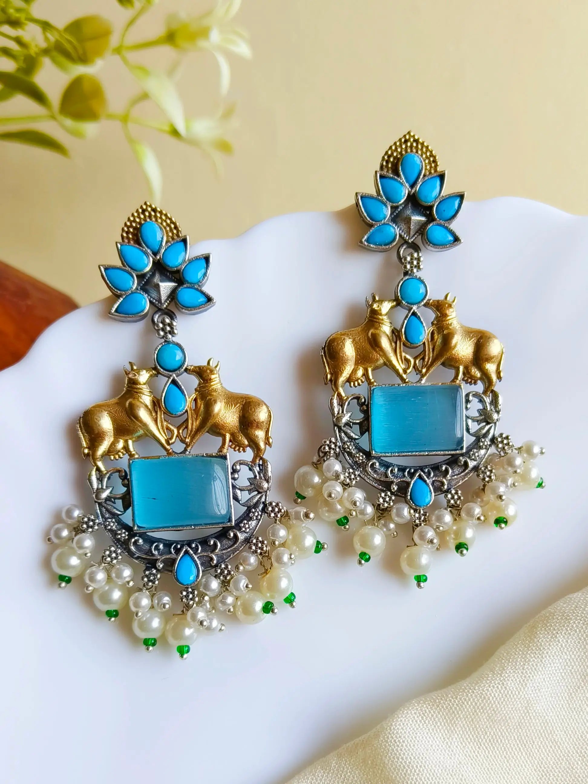 Two-Tone Nandi Dangler Earrings with Monalisa & Pearl Drops | Sarichka