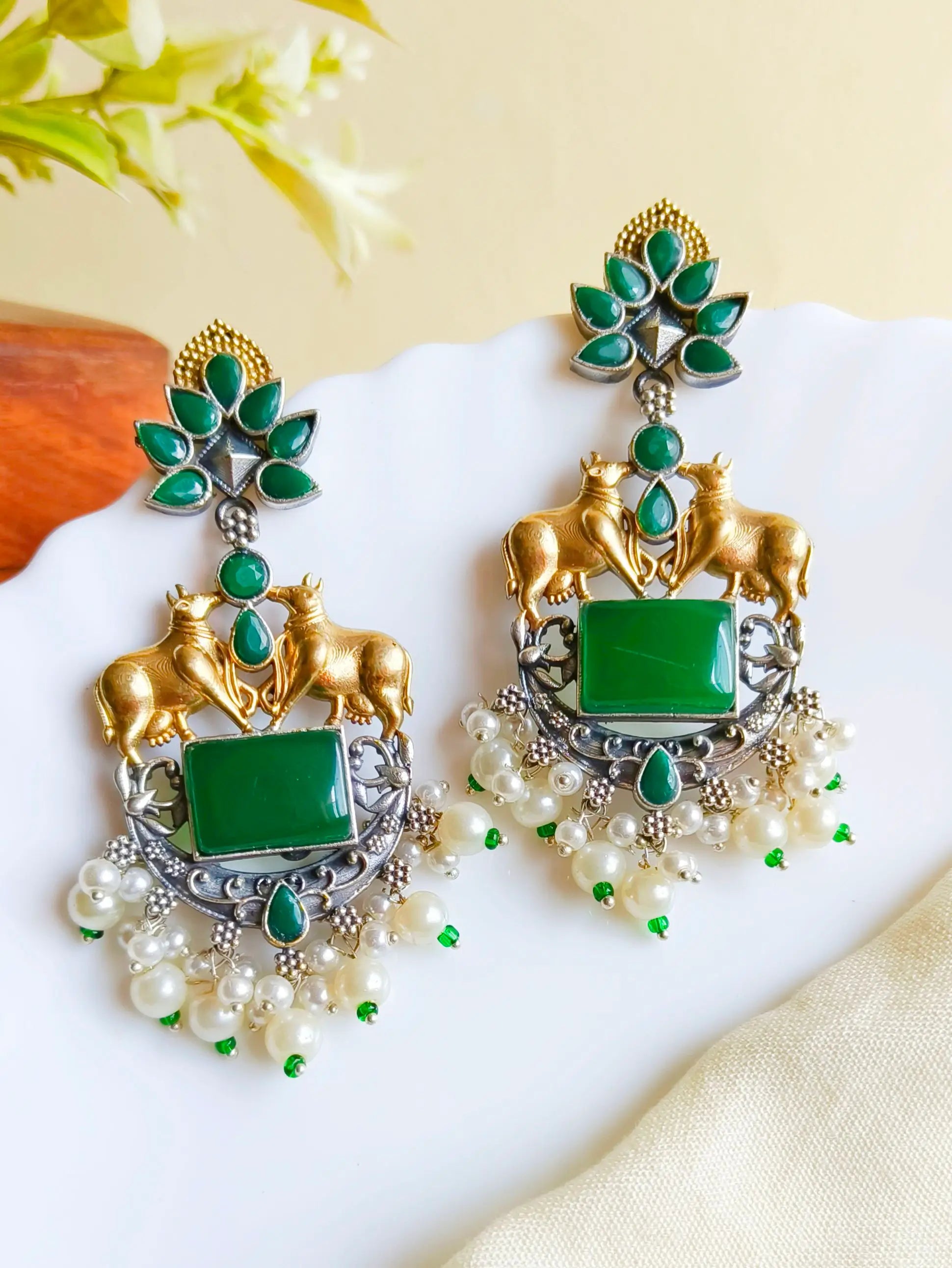 Two-Tone Nandi Dangler Earrings with Monalisa & Pearl Drops | Sarichka