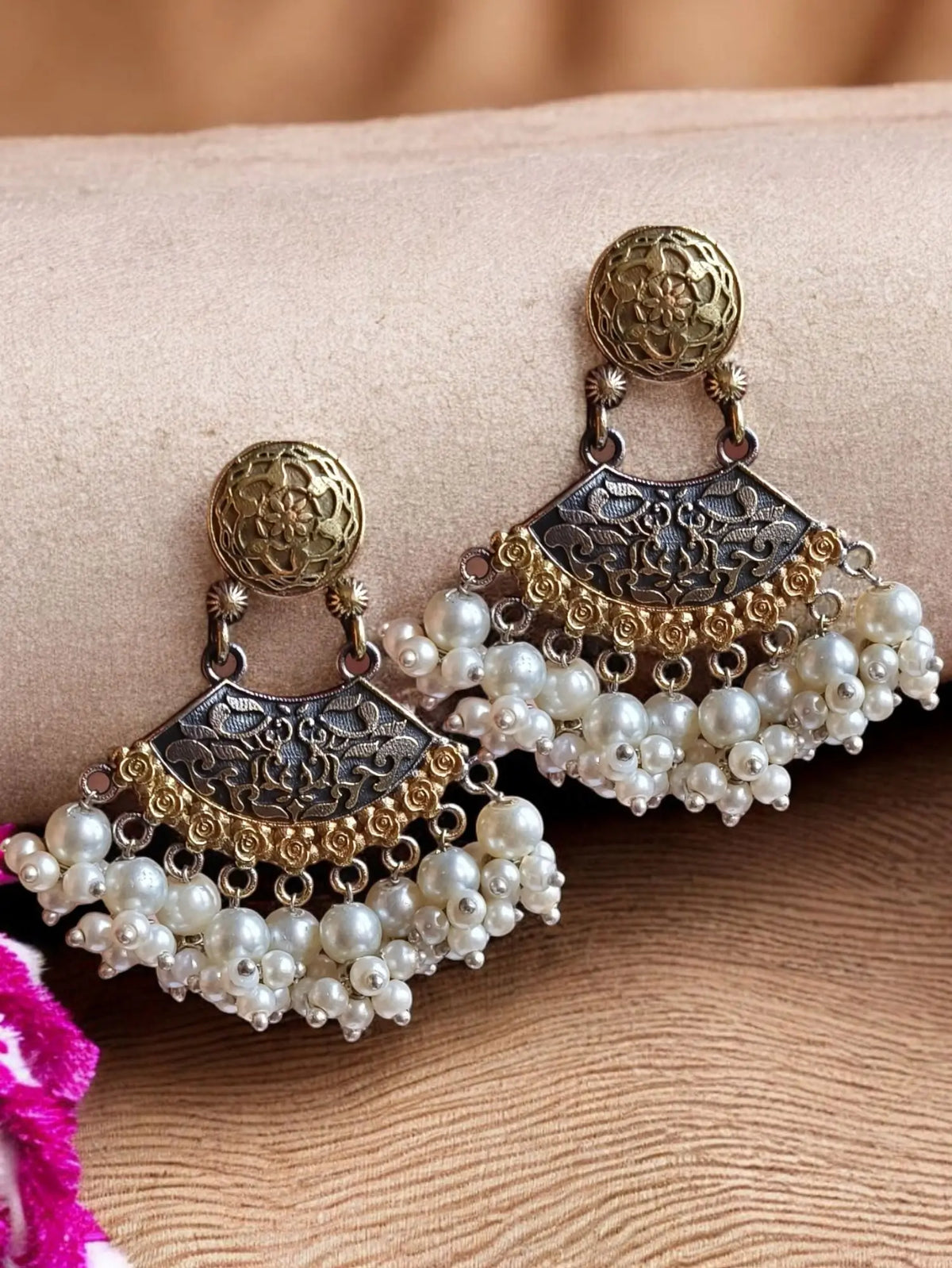 Silver & Golden Dual-Tone Dangler Earrings with Pearl Drops | Sarichka