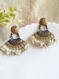 Silver & Golden Dual-Tone Dangler Earrings with Pearl Drops | Sarichka