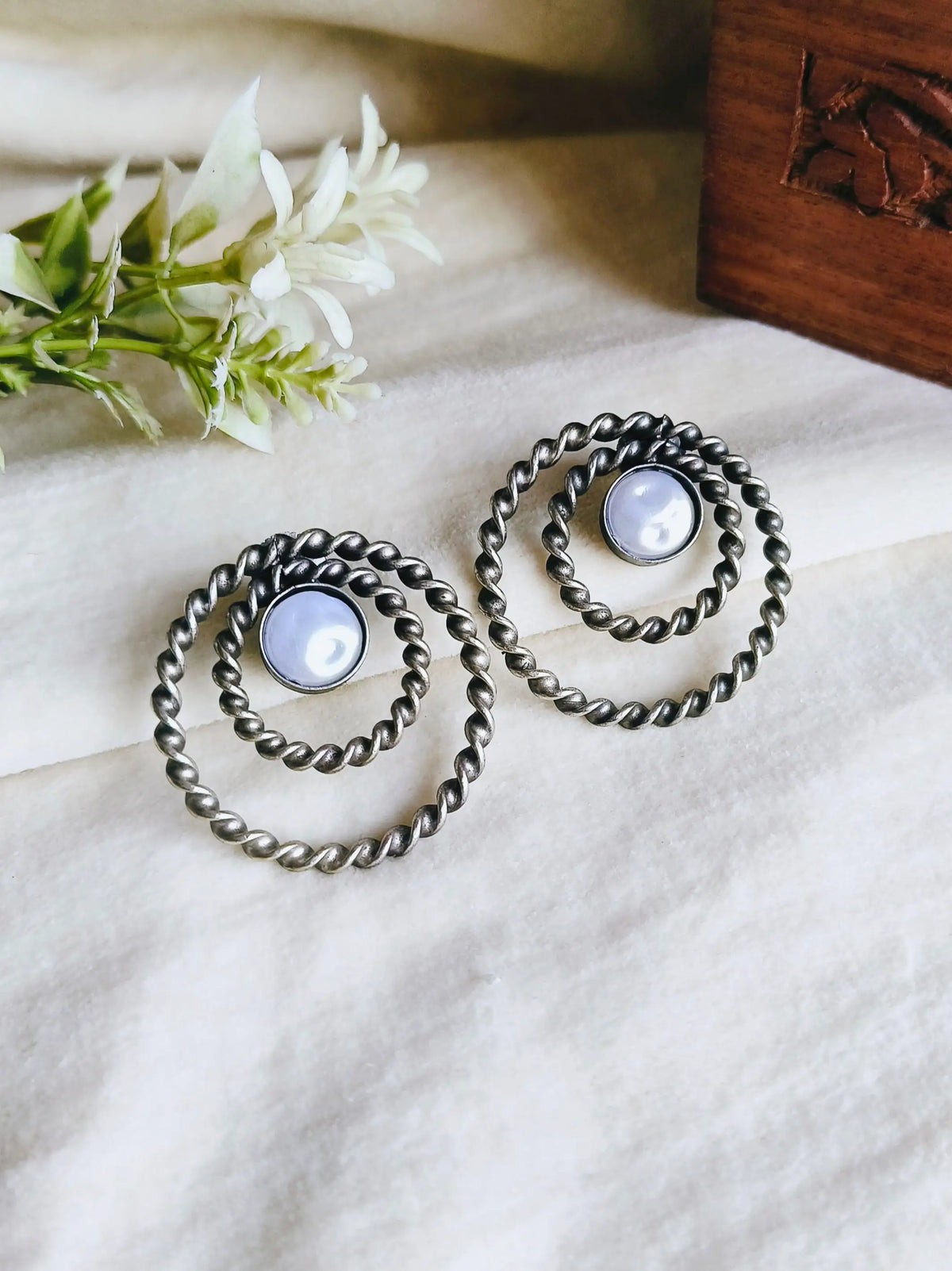 Handmade Antique Pearl Stud Earrings – Silver-Tone Elegance for Daily Wear | Sarichka