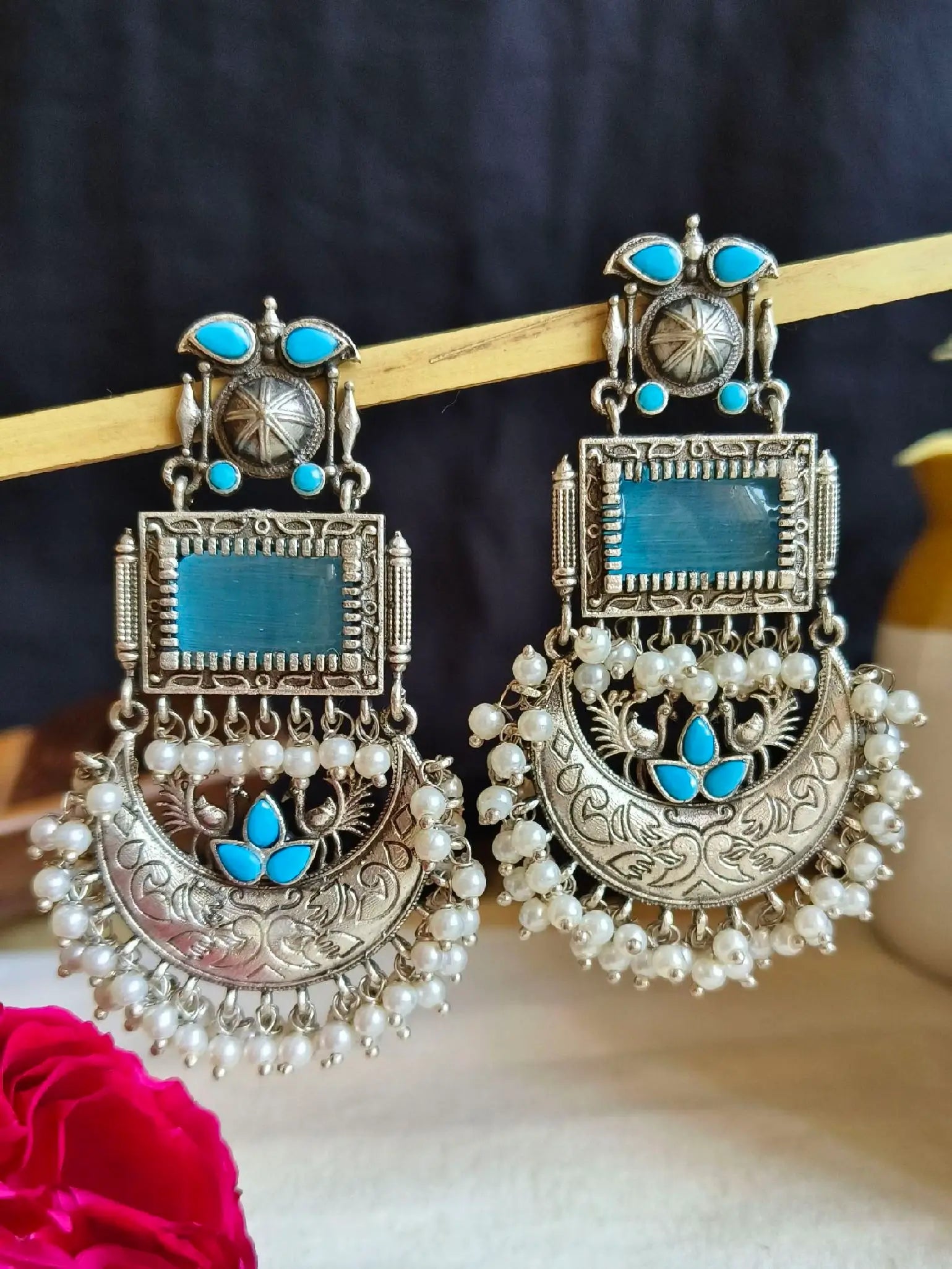 Silver Look-Alike Monalisa & Pearl Dangler Earrings – Ethnic Elegance! | Sarichka