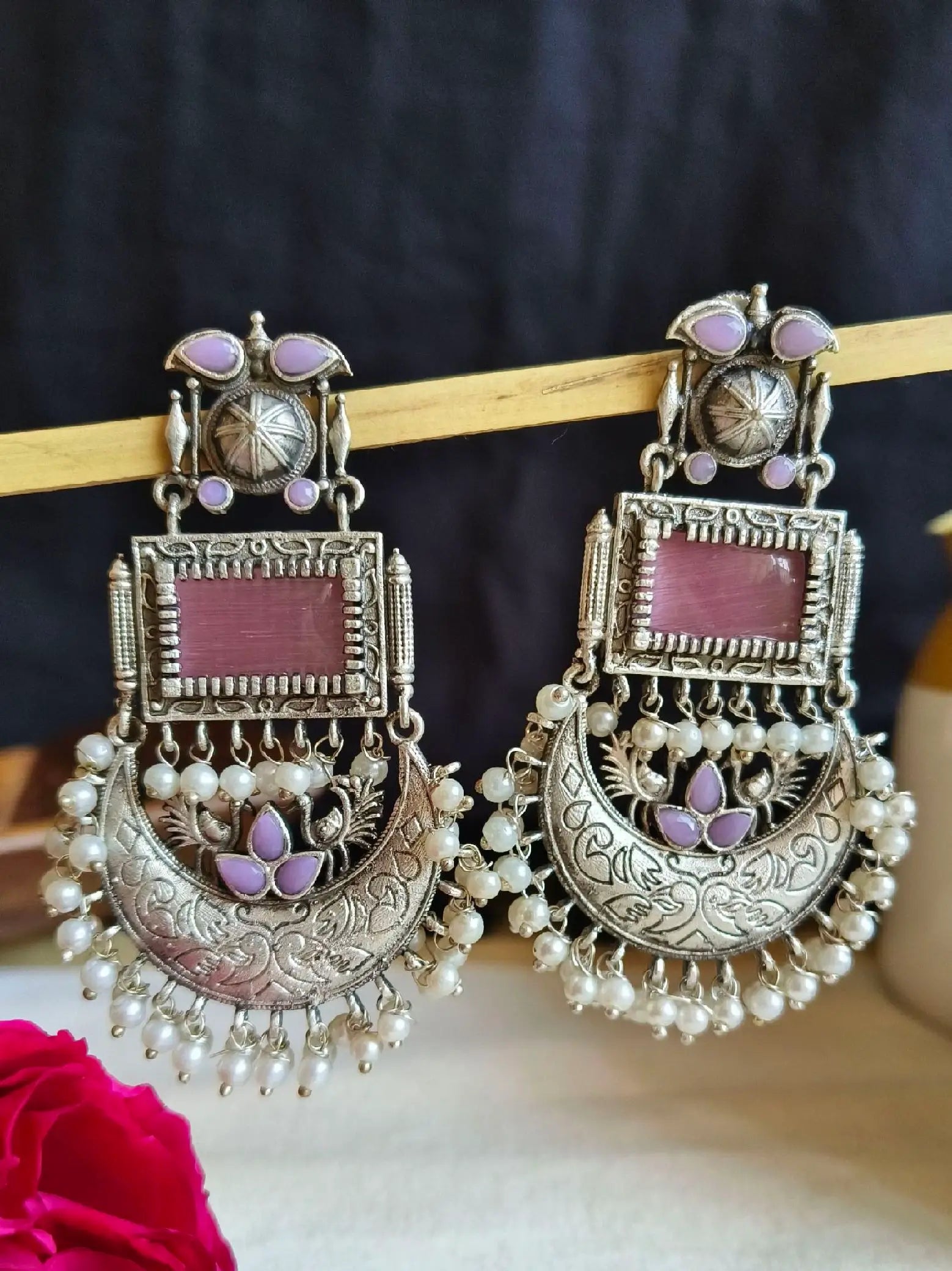 Silver Look-Alike Monalisa & Pearl Dangler Earrings – Ethnic Elegance! | Sarichka