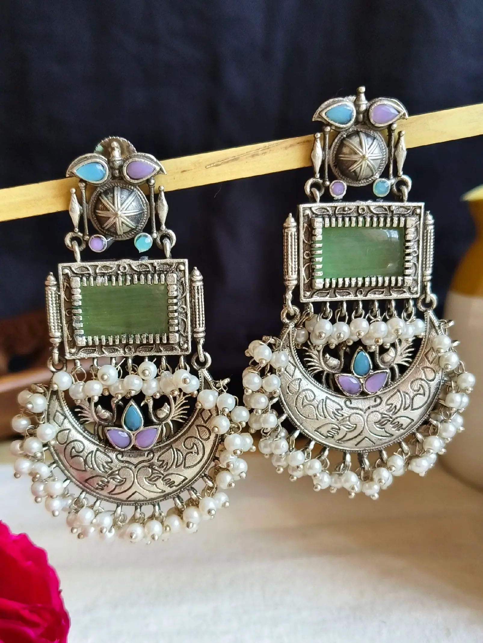 Silver Look-Alike Monalisa & Pearl Dangler Earrings – Ethnic Elegance! | Sarichka