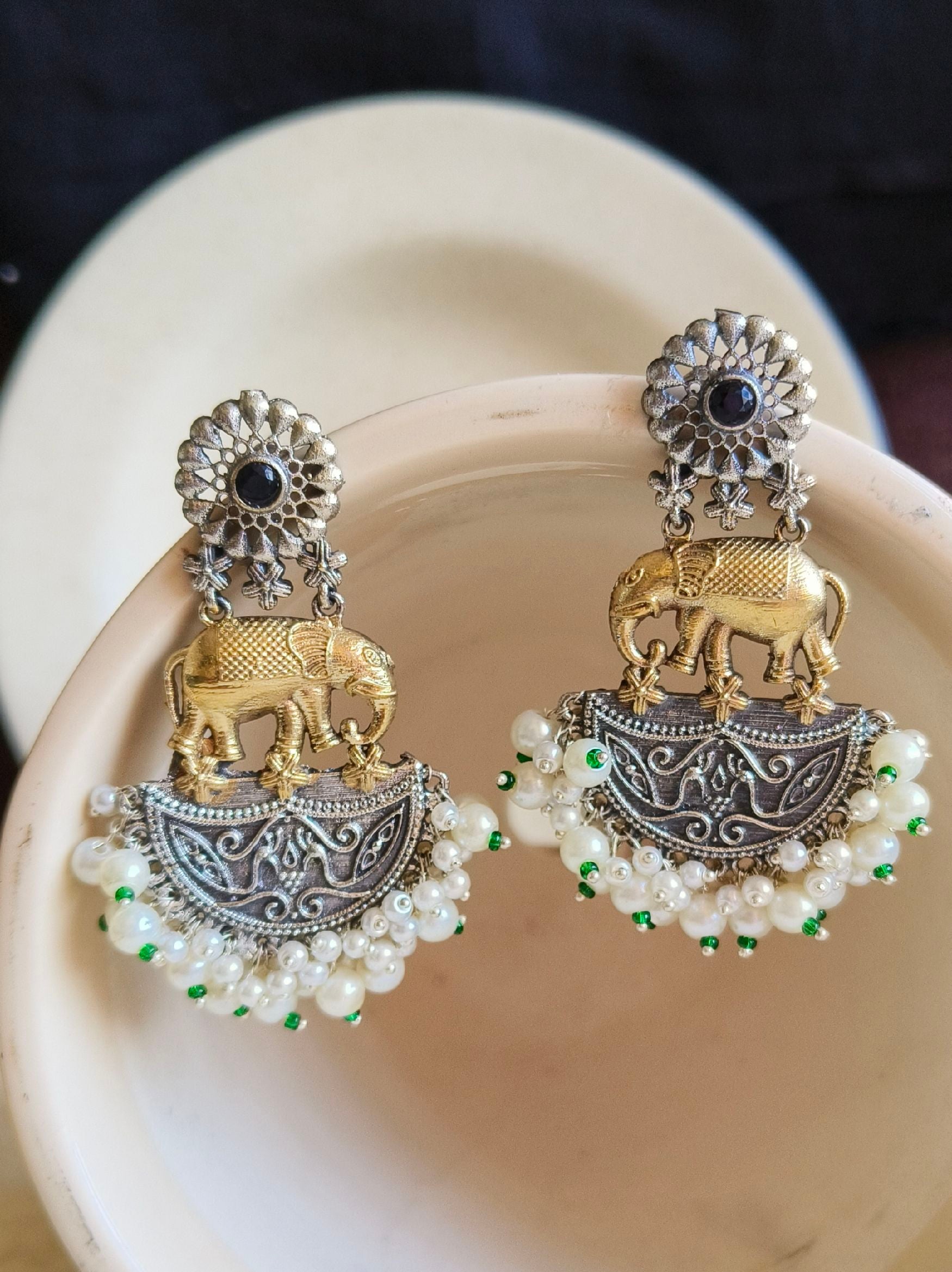 Royal Two-Tone Elephant Pearl Dangler Earrings for Festive Glam | Sarichka