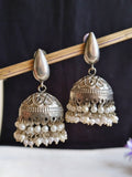 Lightweight Silver-Tone Pearl Jhumka Earrings – Traditional Elegance | Sarichka