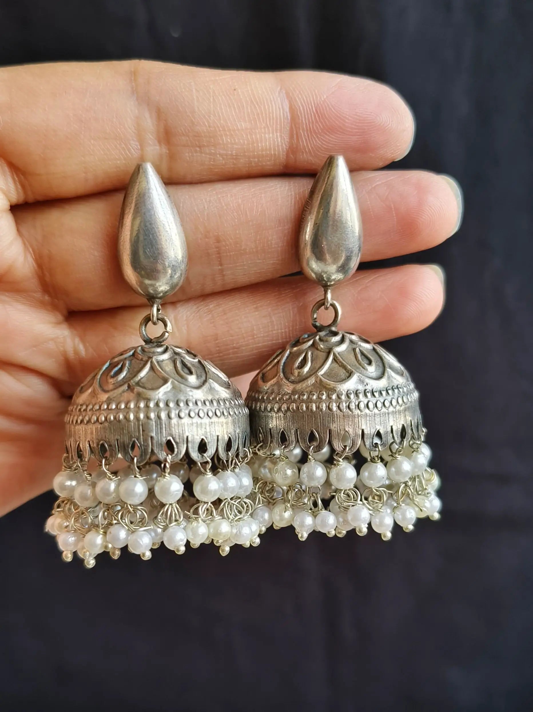 Lightweight Silver-Tone Pearl Jhumka Earrings – Traditional Elegance | Sarichka