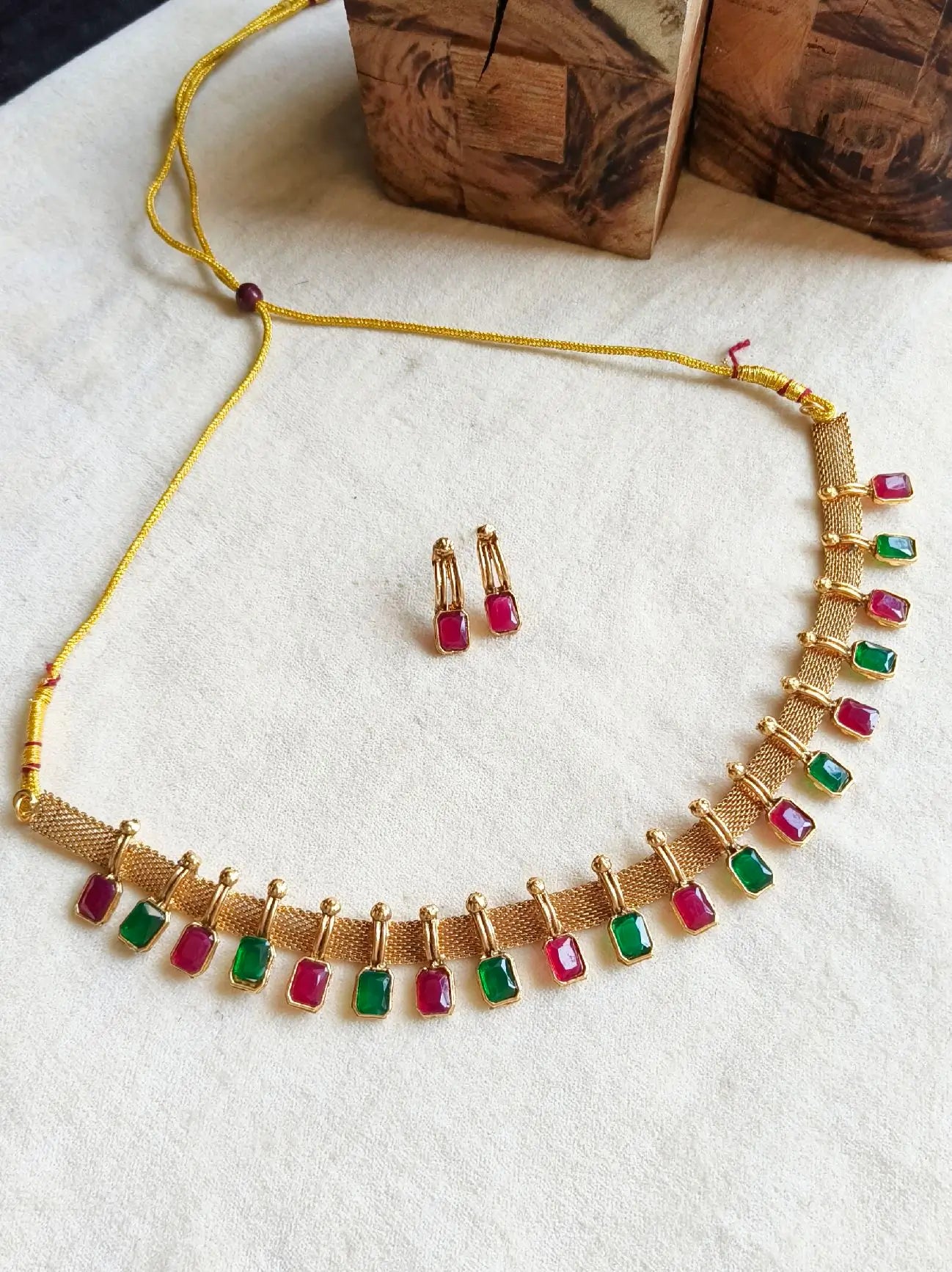 South Indian Antique Golden Necklace Set with Stud Earrings | Sarichka