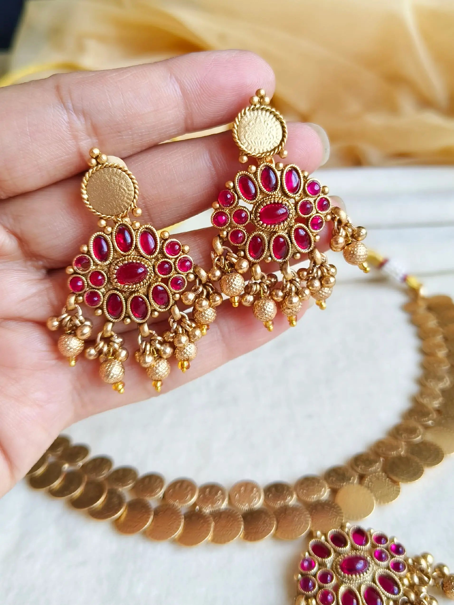 South Indian Antique Gold-Plated Temple Necklace Set for Elegance | Sarichka