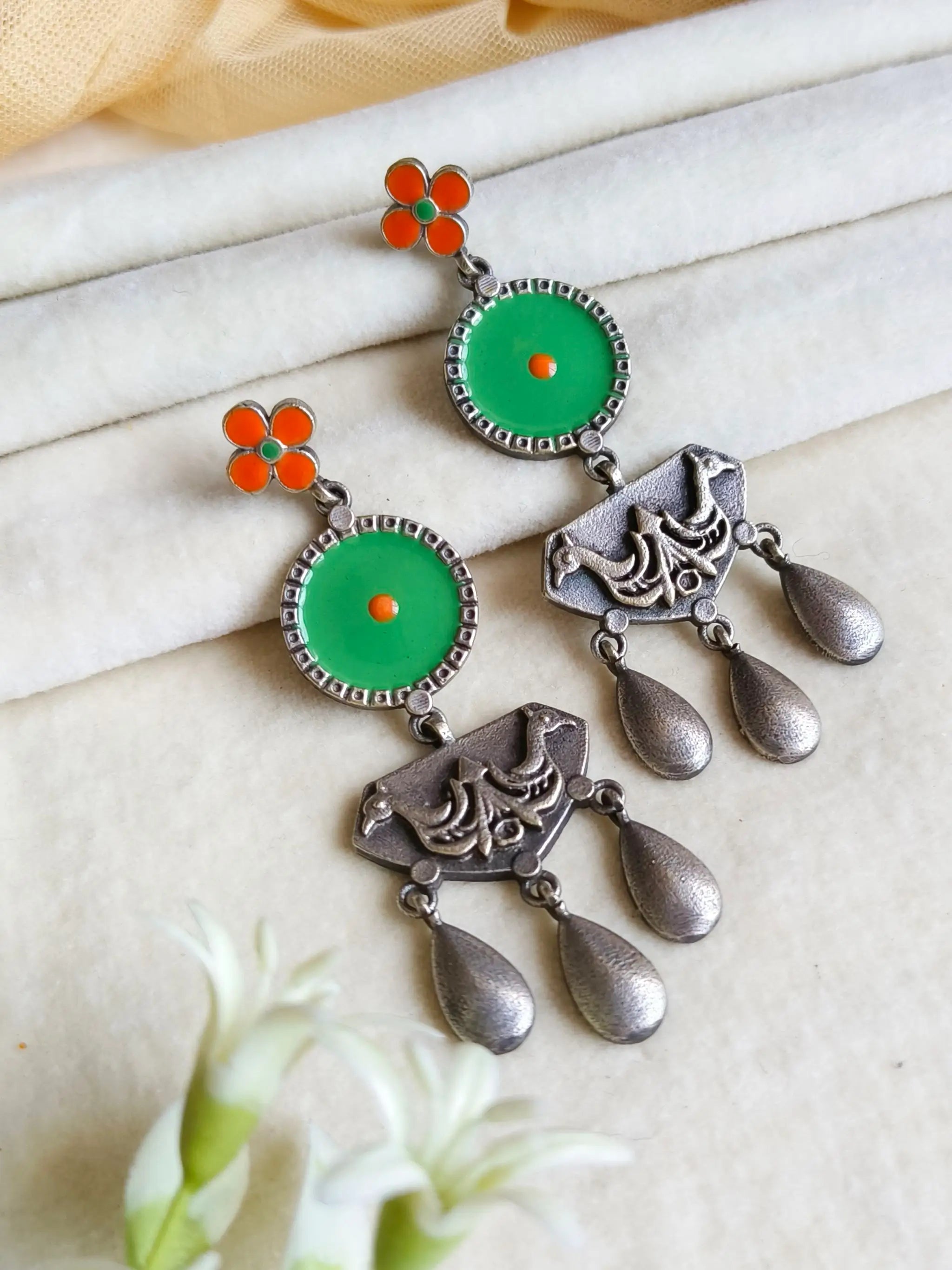 Silver Look-Alike Meenakari Hand-Painted Dangler Earrings – Festive Elegance | Sarichka