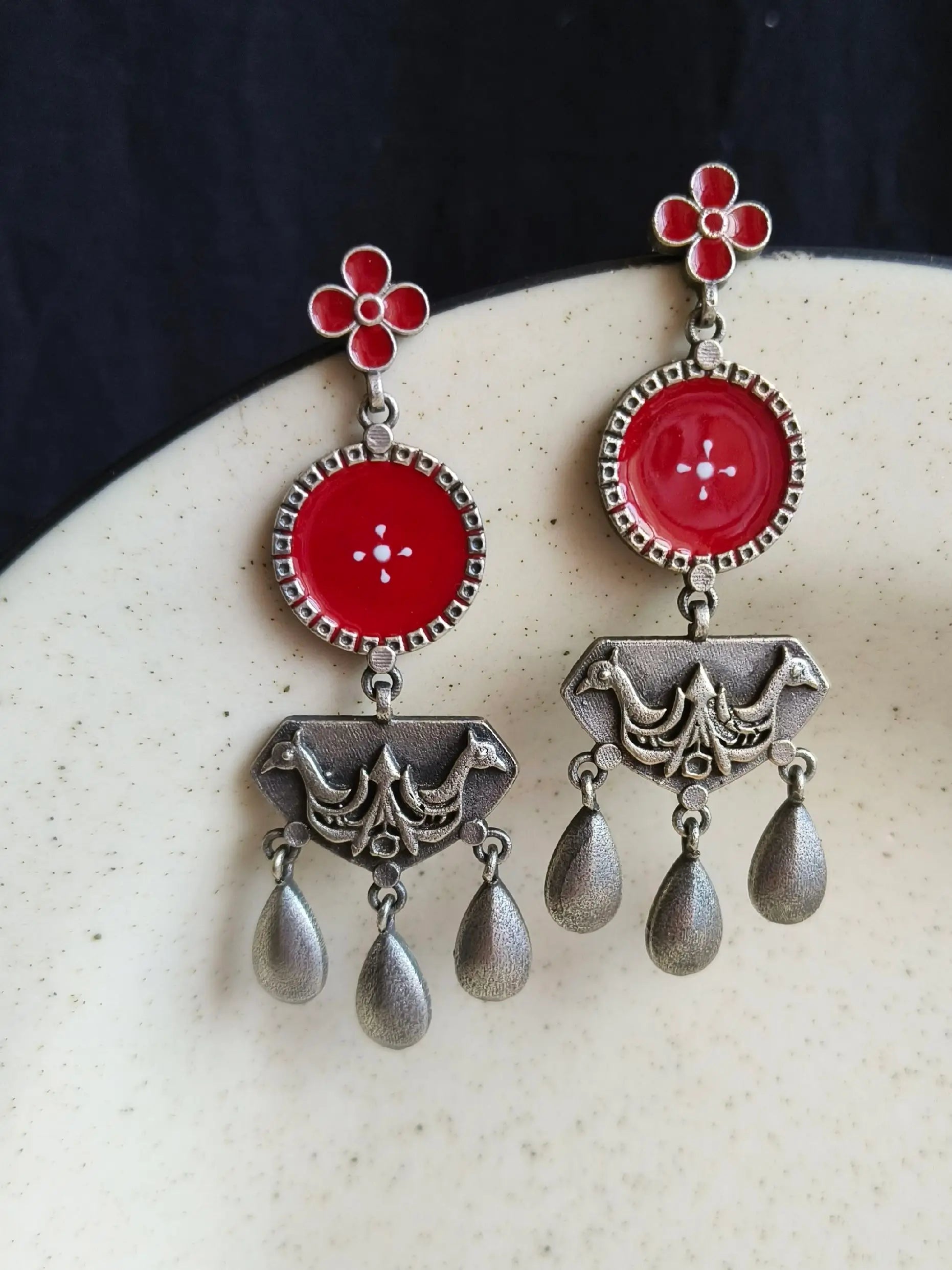 Silver Look-Alike Meenakari Hand-Painted Dangler Earrings – Festive Elegance | Sarichka