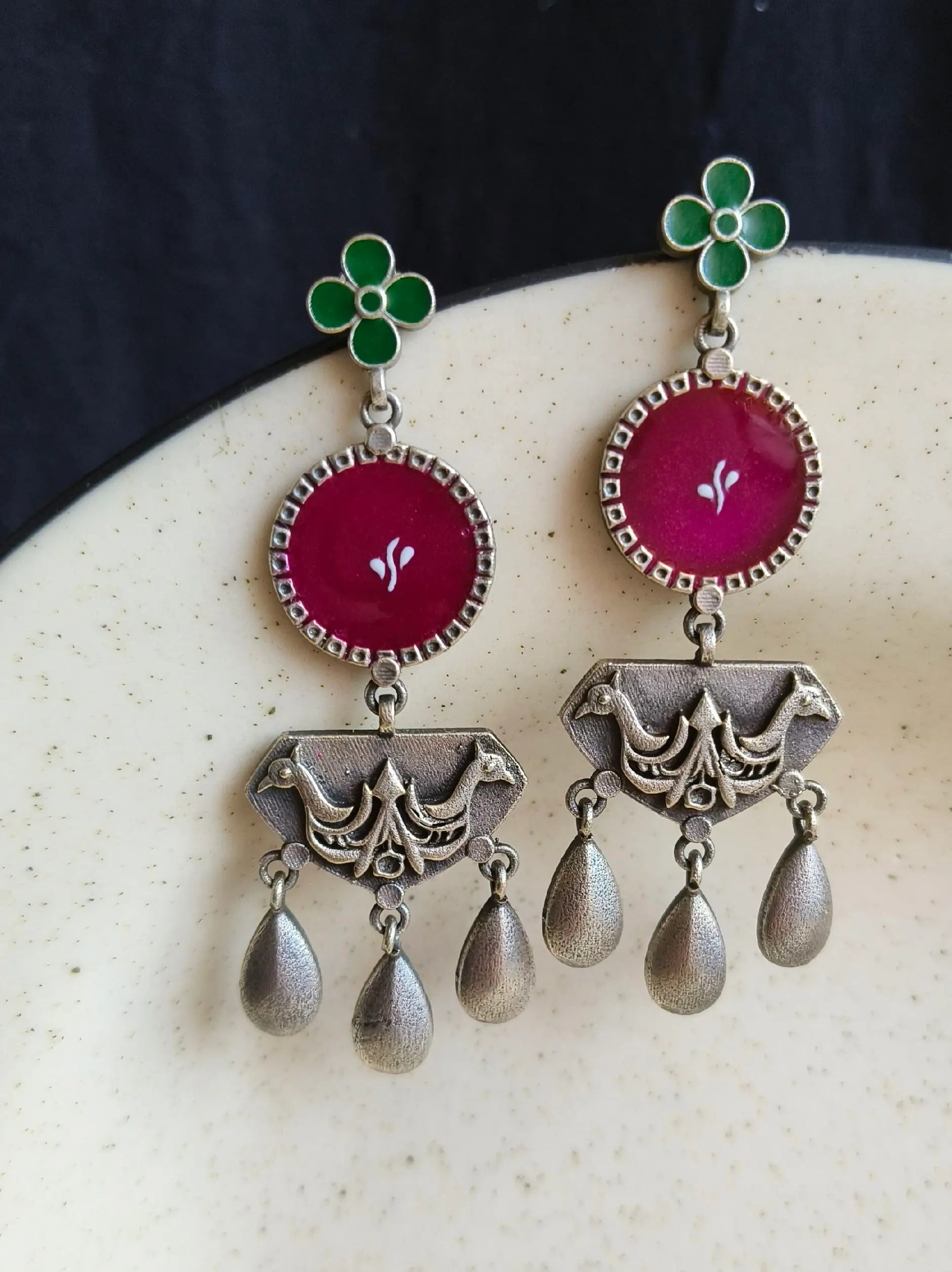 Silver Look-Alike Meenakari Hand-Painted Dangler Earrings – Festive Elegance | Sarichka