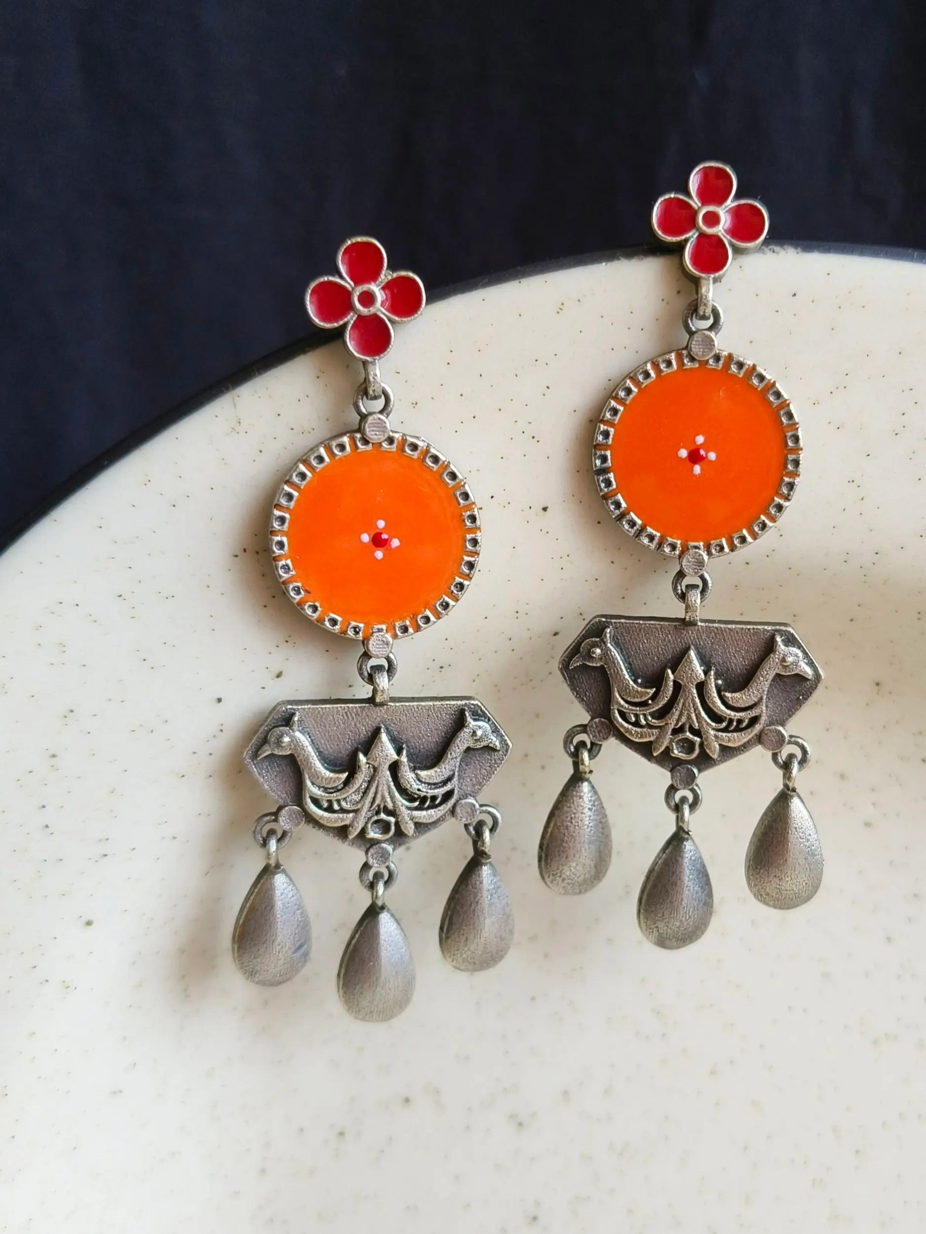 Silver Look-Alike Meenakari Hand-Painted Dangler Earrings – Festive Elegance | Sarichka