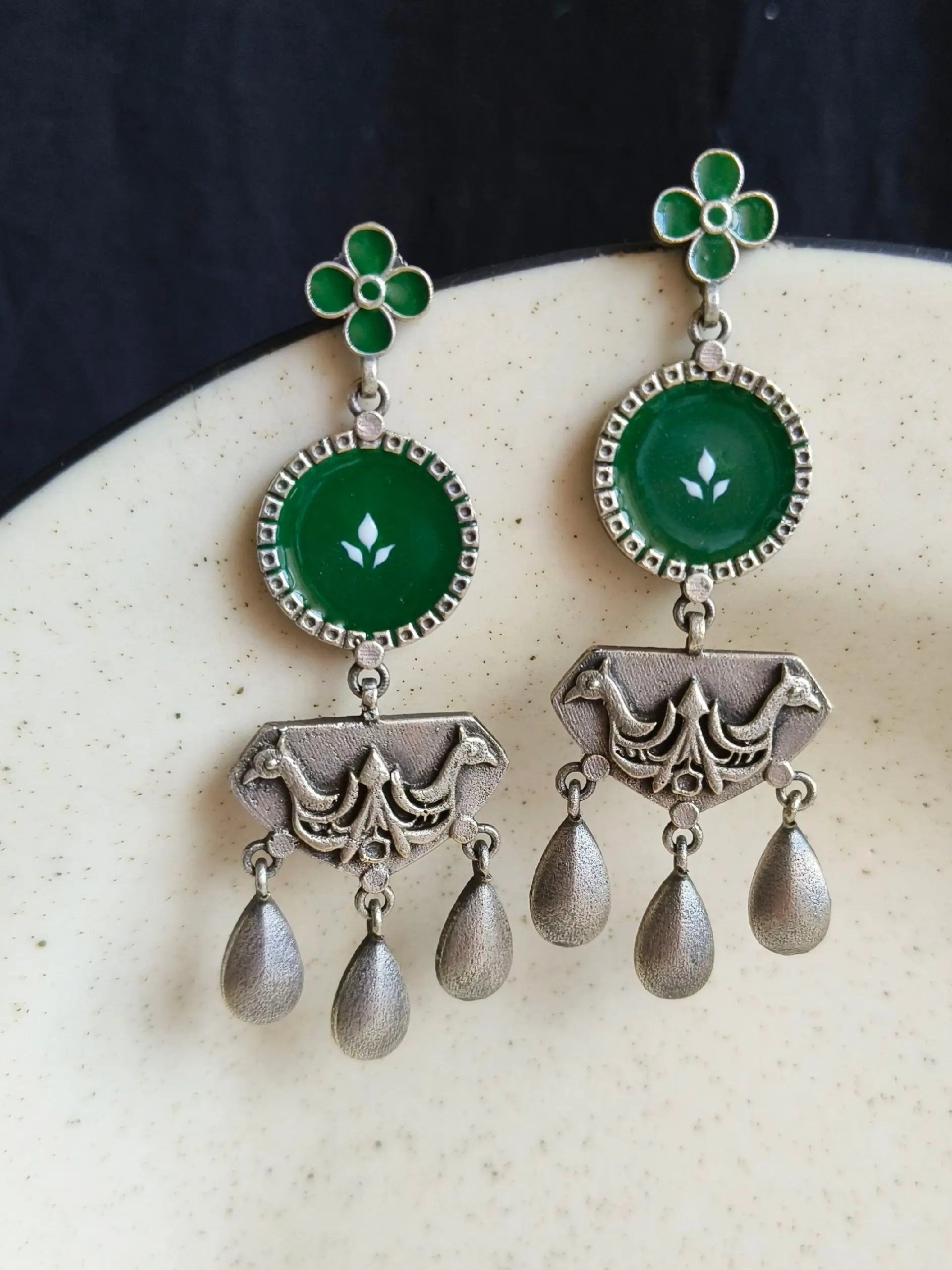 Silver Look-Alike Meenakari Hand-Painted Dangler Earrings – Festive Elegance | Sarichka