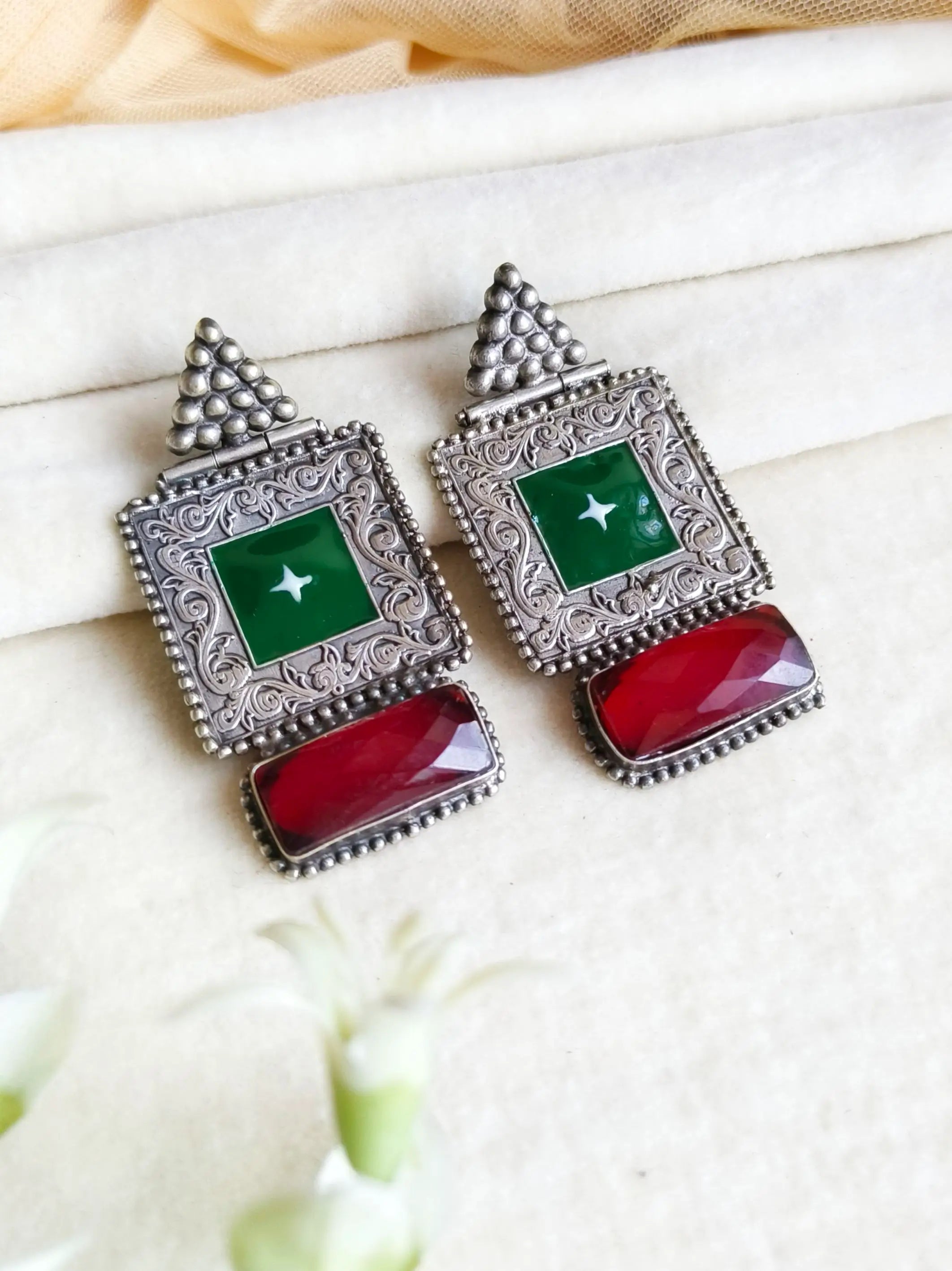 Traditional Silver Replica Meenakari Dangler Earrings with Monalisa Stone Beauty | Sarichka