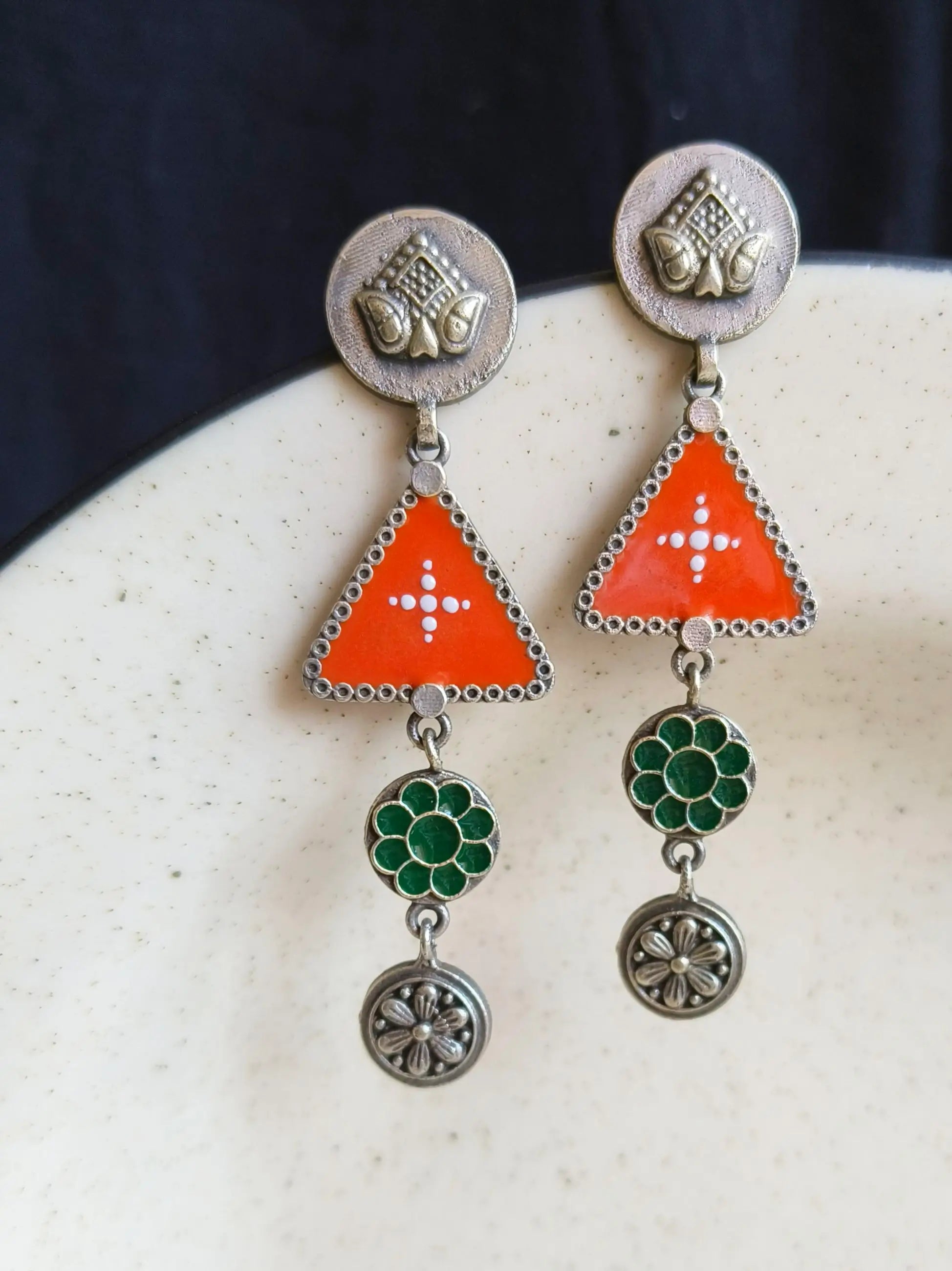 Trendy Silver-Tone Hand-Painted Enamel Dangler Earrings – 4-Line Charm | Sarichka