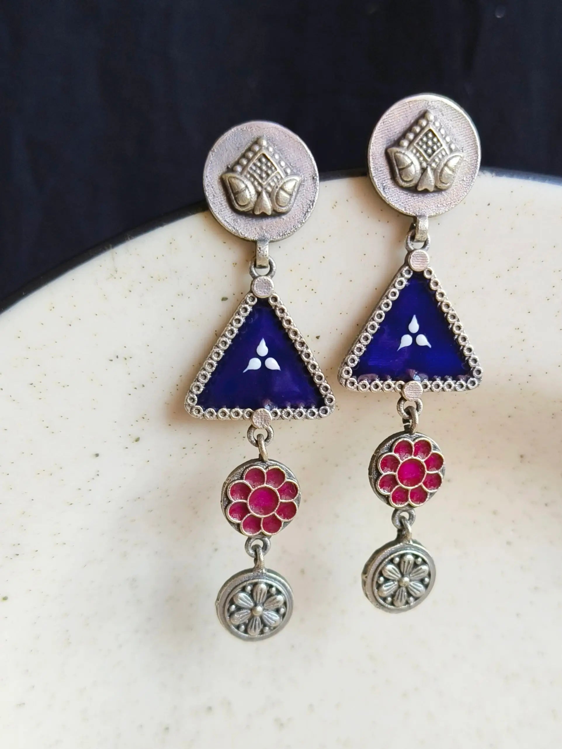 Trendy Silver-Tone Hand-Painted Enamel Dangler Earrings – 4-Line Charm | Sarichka