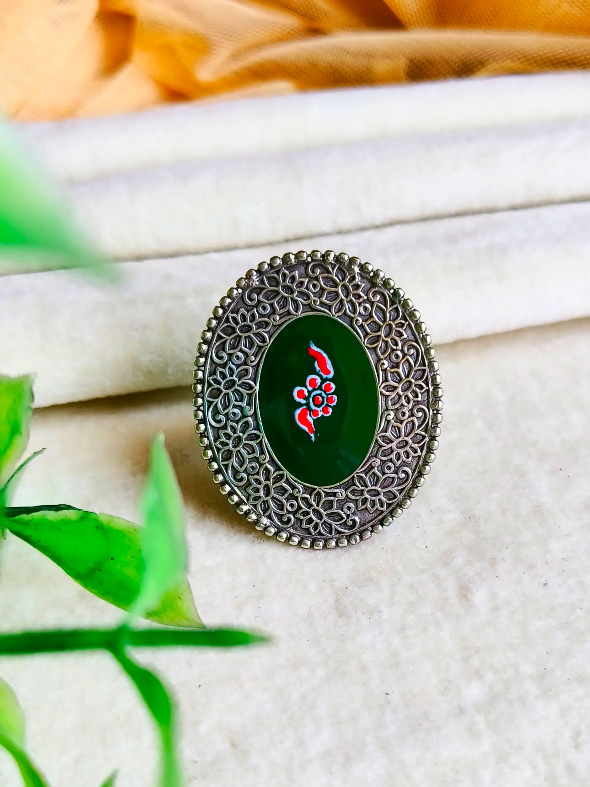 Silver Replica Enamel Hand-Painted Adjustable Oval Ring – Artistic Elegance | Sarichka