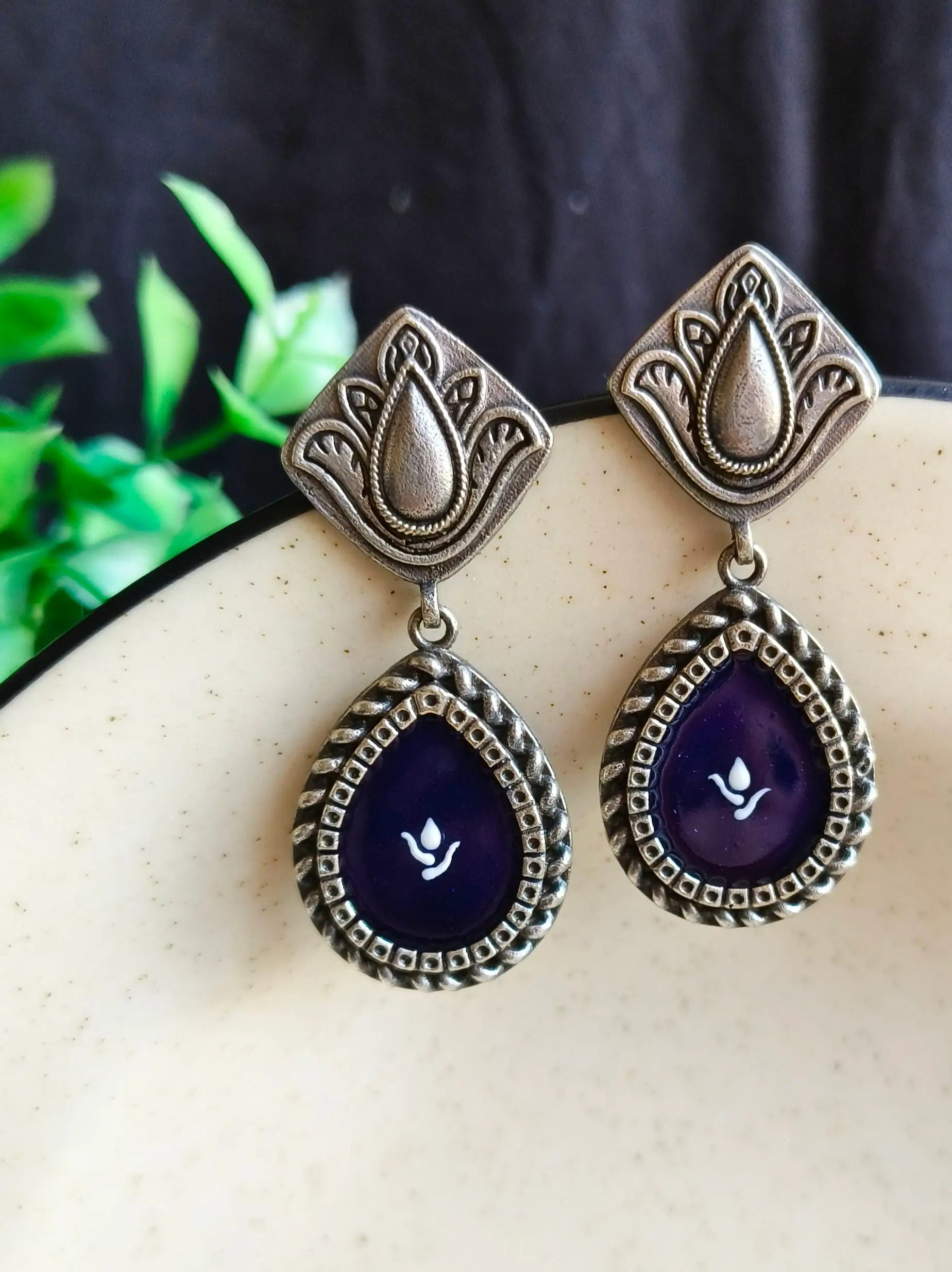 Silver Look-Alike Hand-Painted Enamel Dangler Earrings for Chic Style | Sarichka