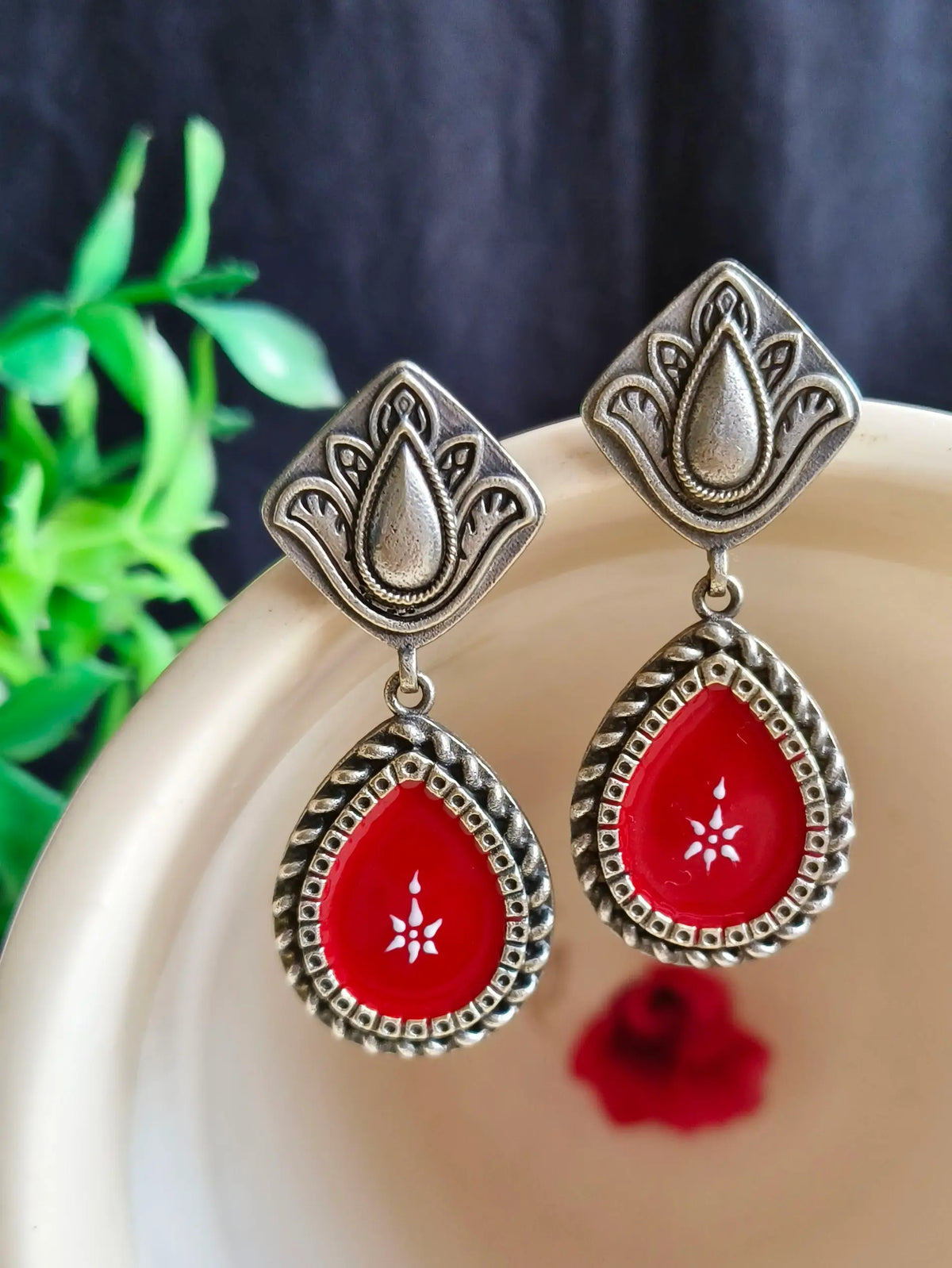 Silver Look-Alike Hand-Painted Enamel Dangler Earrings for Chic Style | Sarichka